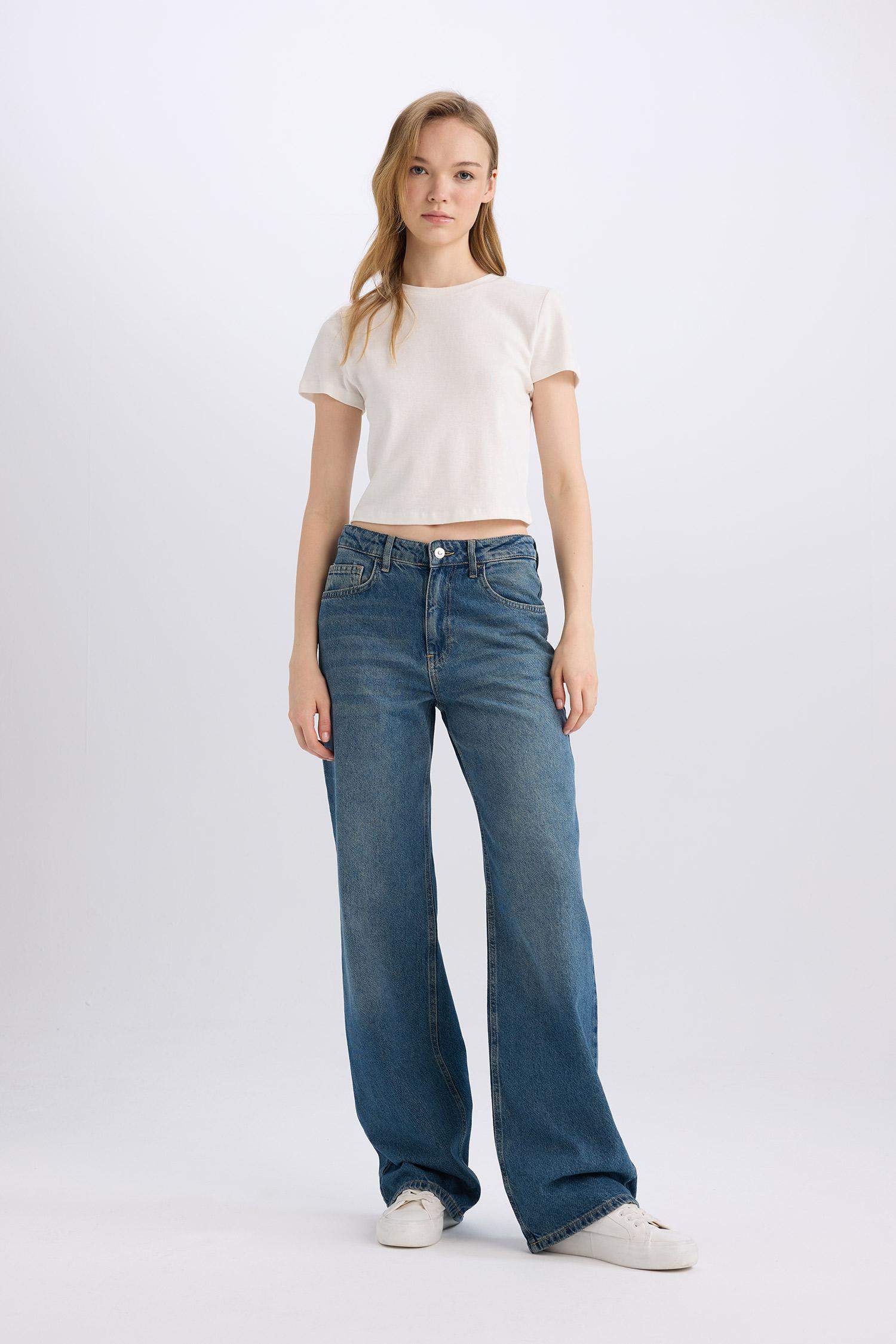 Straight Wide Yüksek Bel Uzun Jean Yıkamalı Pantolon