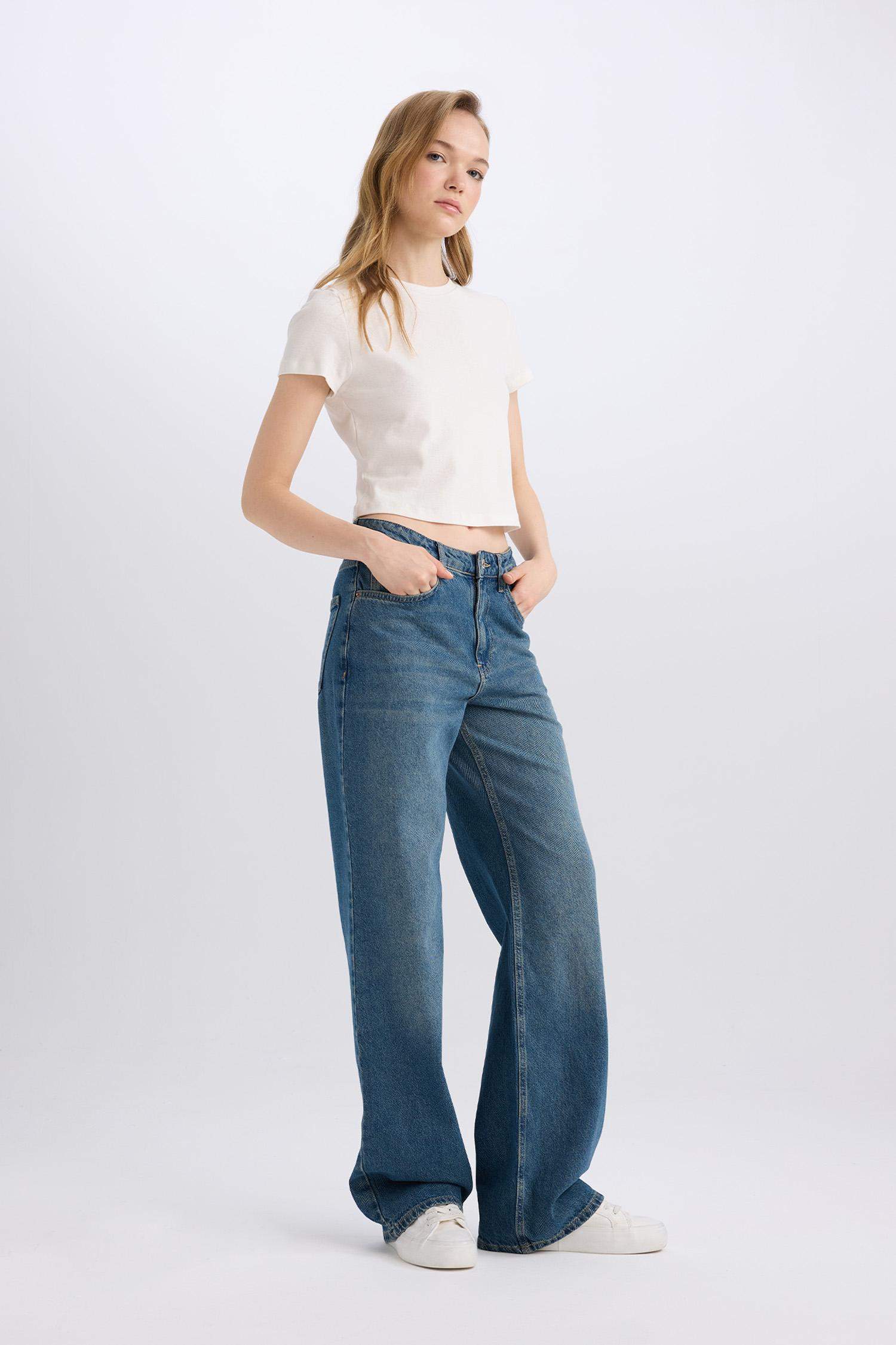 Straight Wide Yüksek Bel Uzun Jean Yıkamalı Pantolon