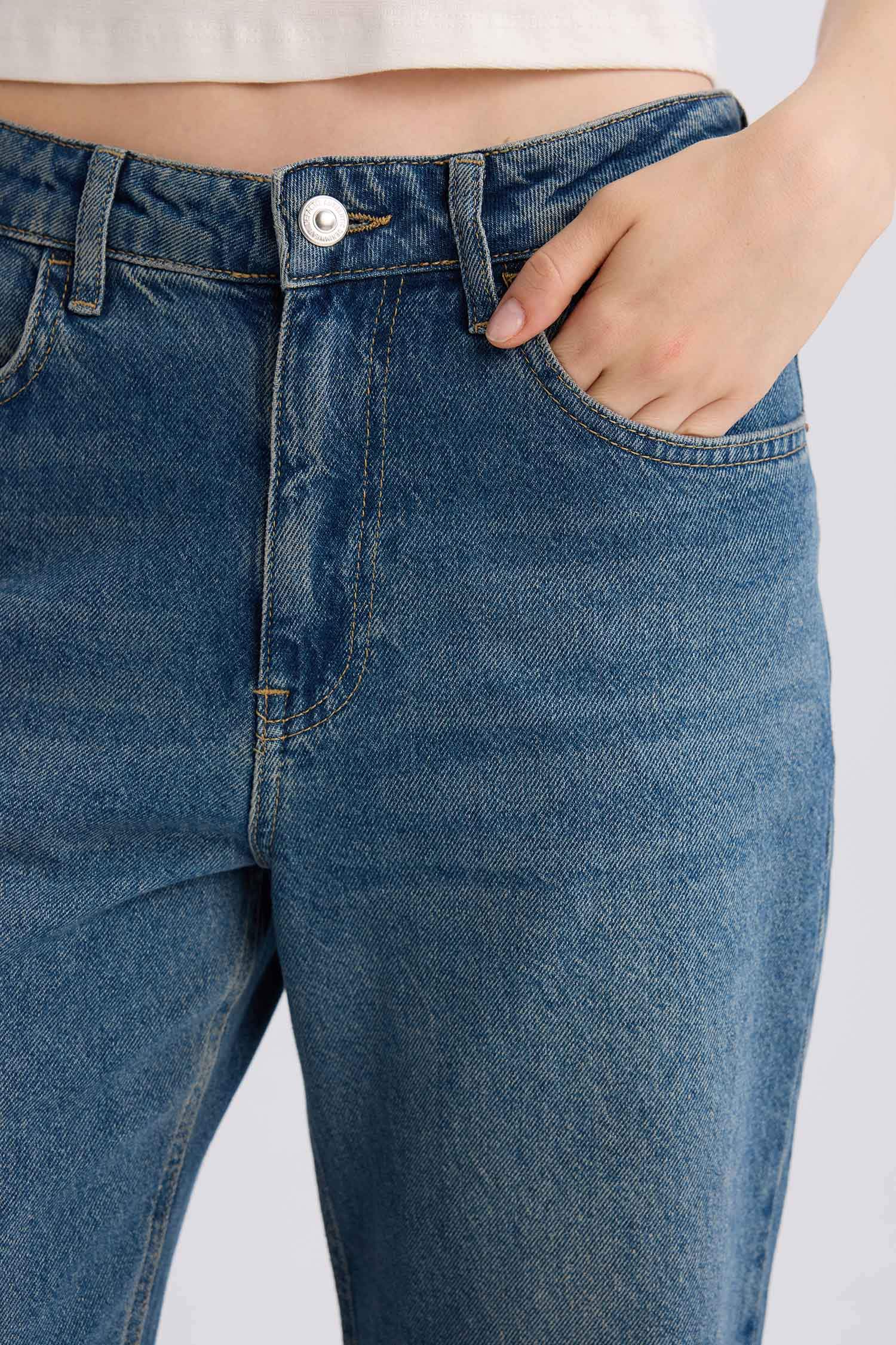 Straight Wide Yüksek Bel Uzun Jean Yıkamalı Pantolon