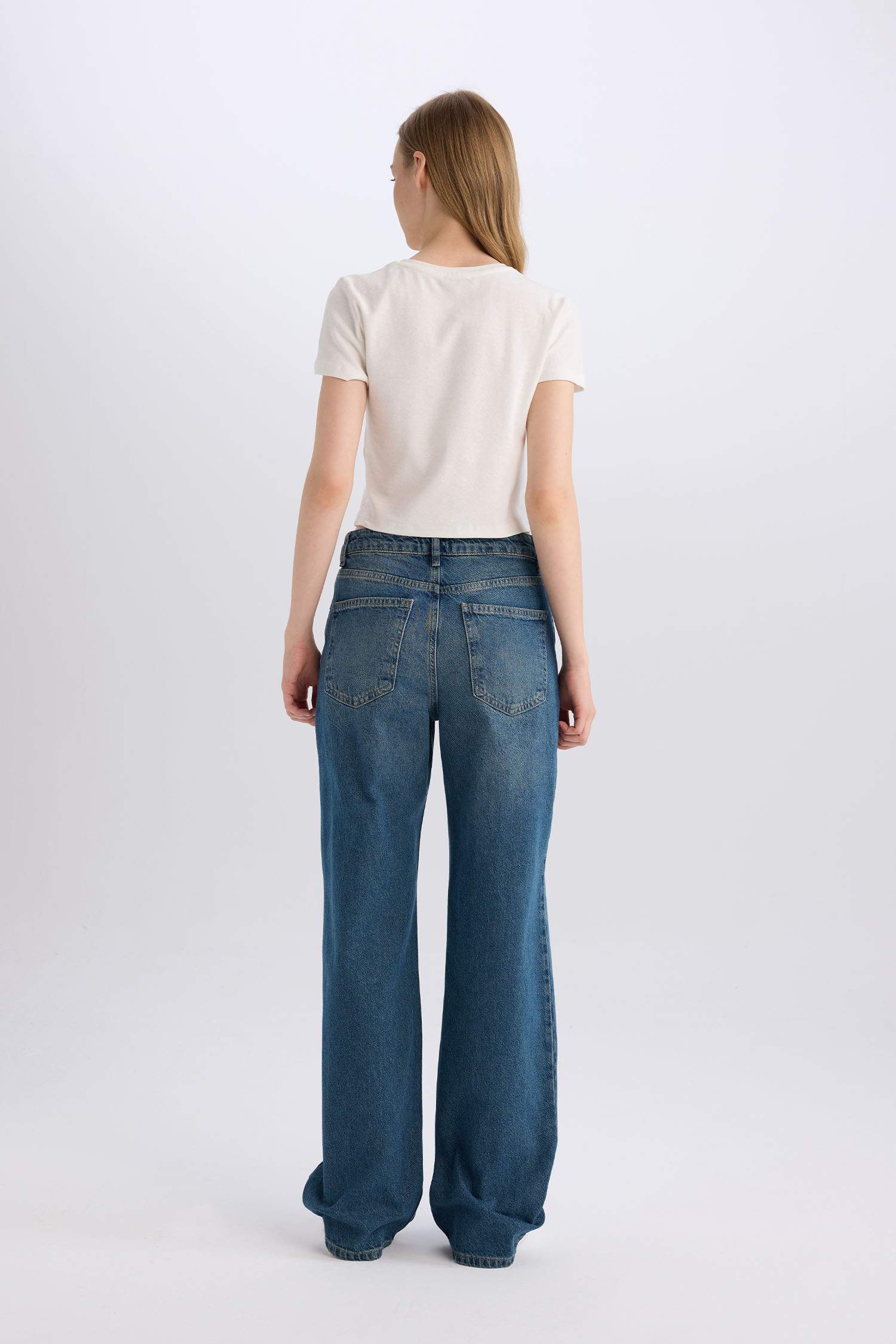 Straight Wide Yüksek Bel Uzun Jean Yıkamalı Pantolon