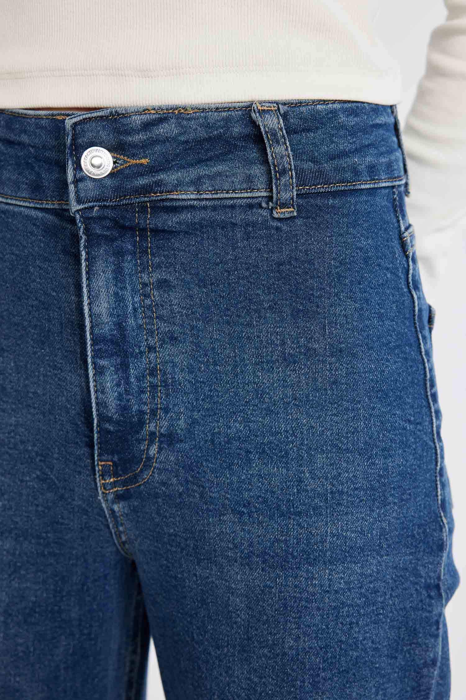 Culotte Yüksek Bel Kısa Geniş Paça  Jean Yıkamalı Pantolon