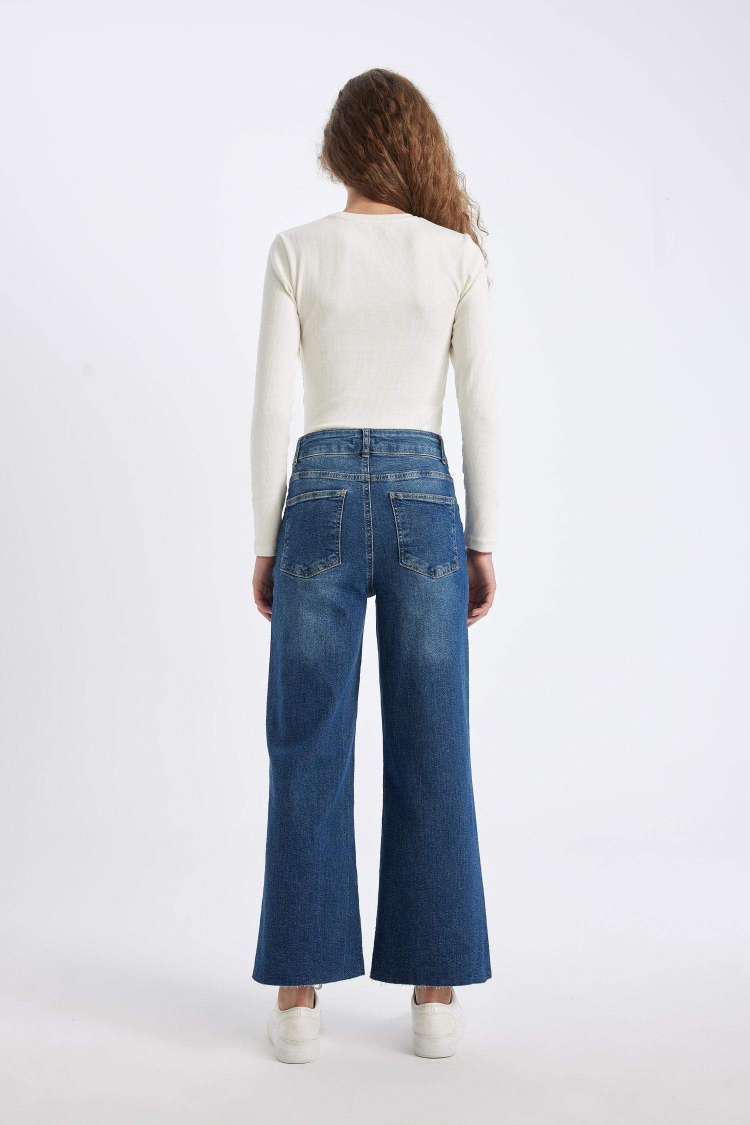 Culotte Yüksek Bel Kısa Geniş Paça  Jean Yıkamalı Pantolon