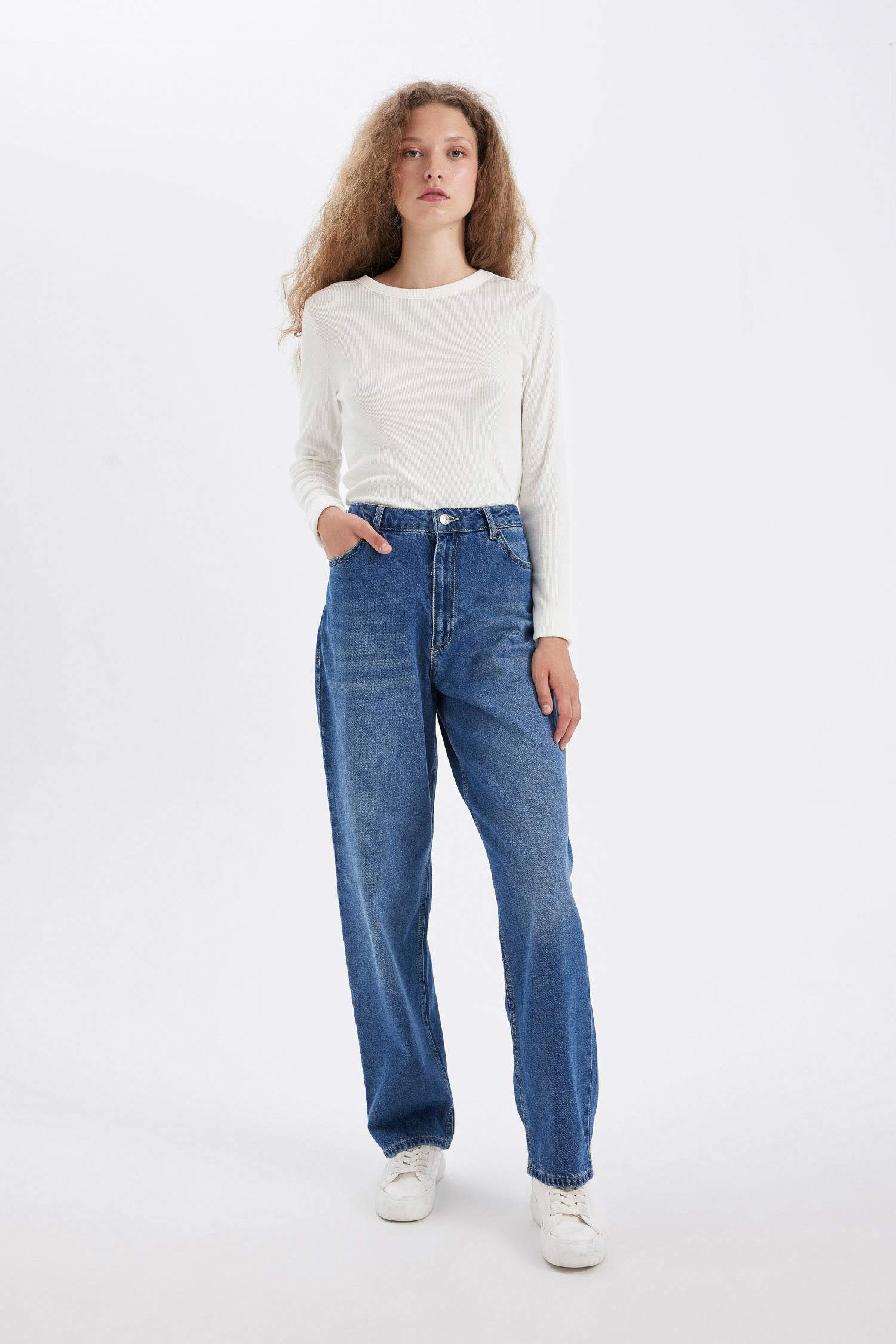 Baggy Fit Yüksek Bel Uzun Jean Yıkamalı Pantolon