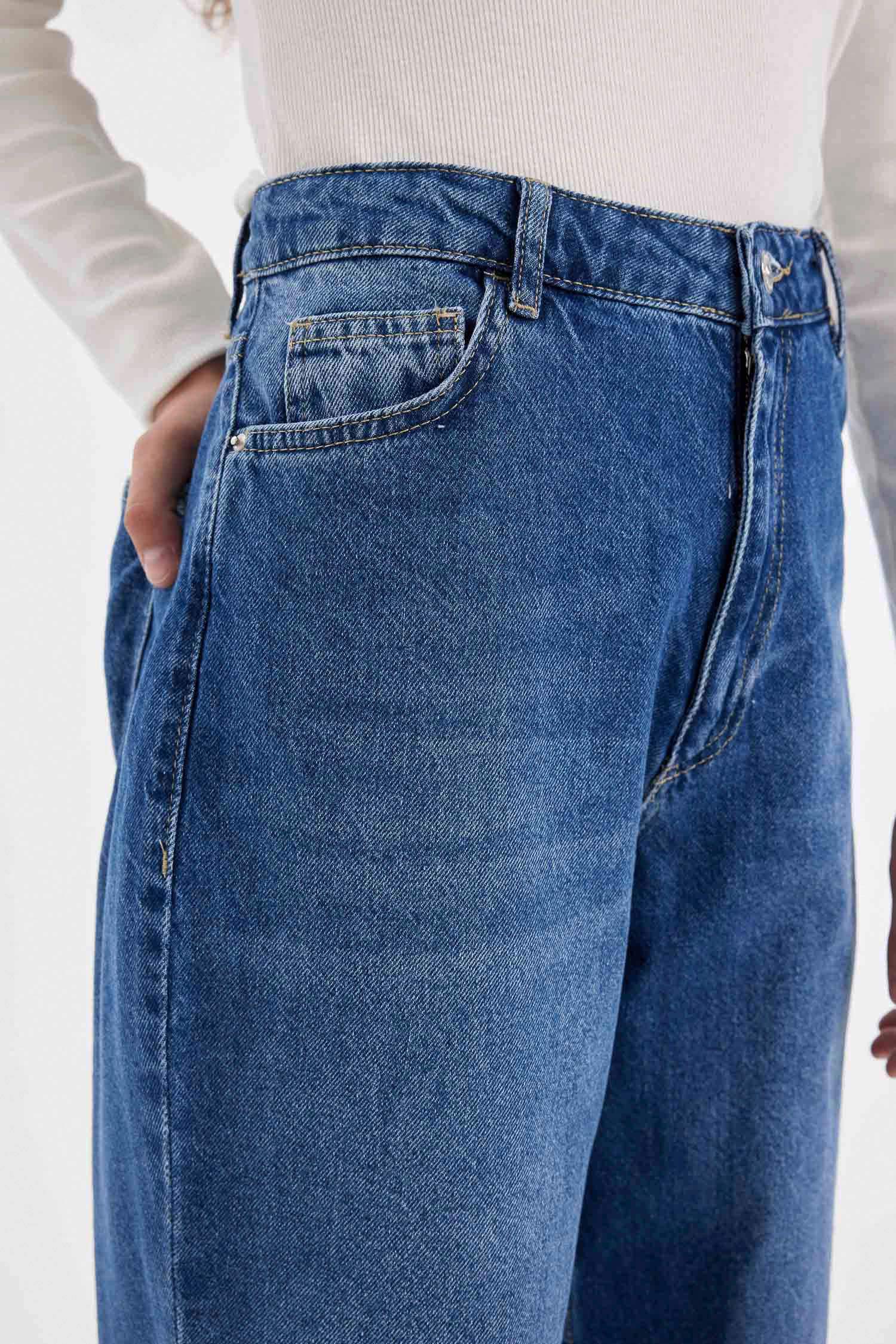 Baggy Fit Yüksek Bel Uzun Jean Yıkamalı Pantolon