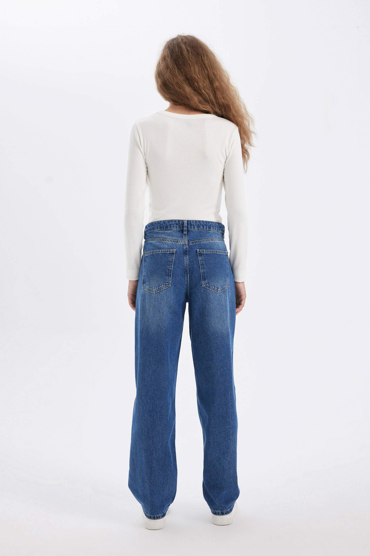 Baggy Fit Yüksek Bel Uzun Jean Yıkamalı Pantolon