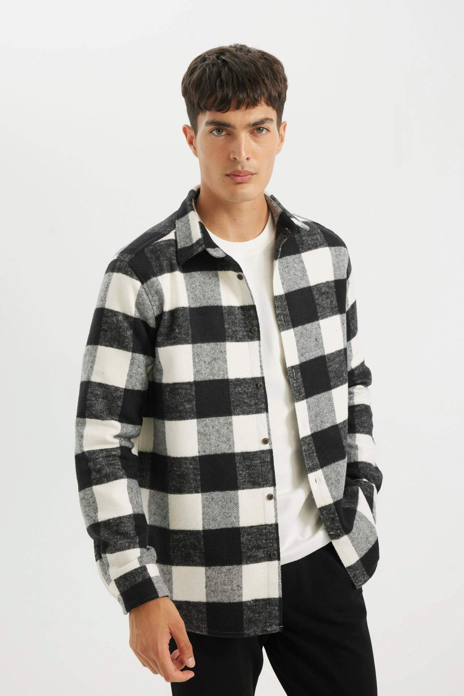 Regular Fit Düğmeli Polo Yaka Dama Desenli Oduncu Flanel Uzun Kollu Gömlek