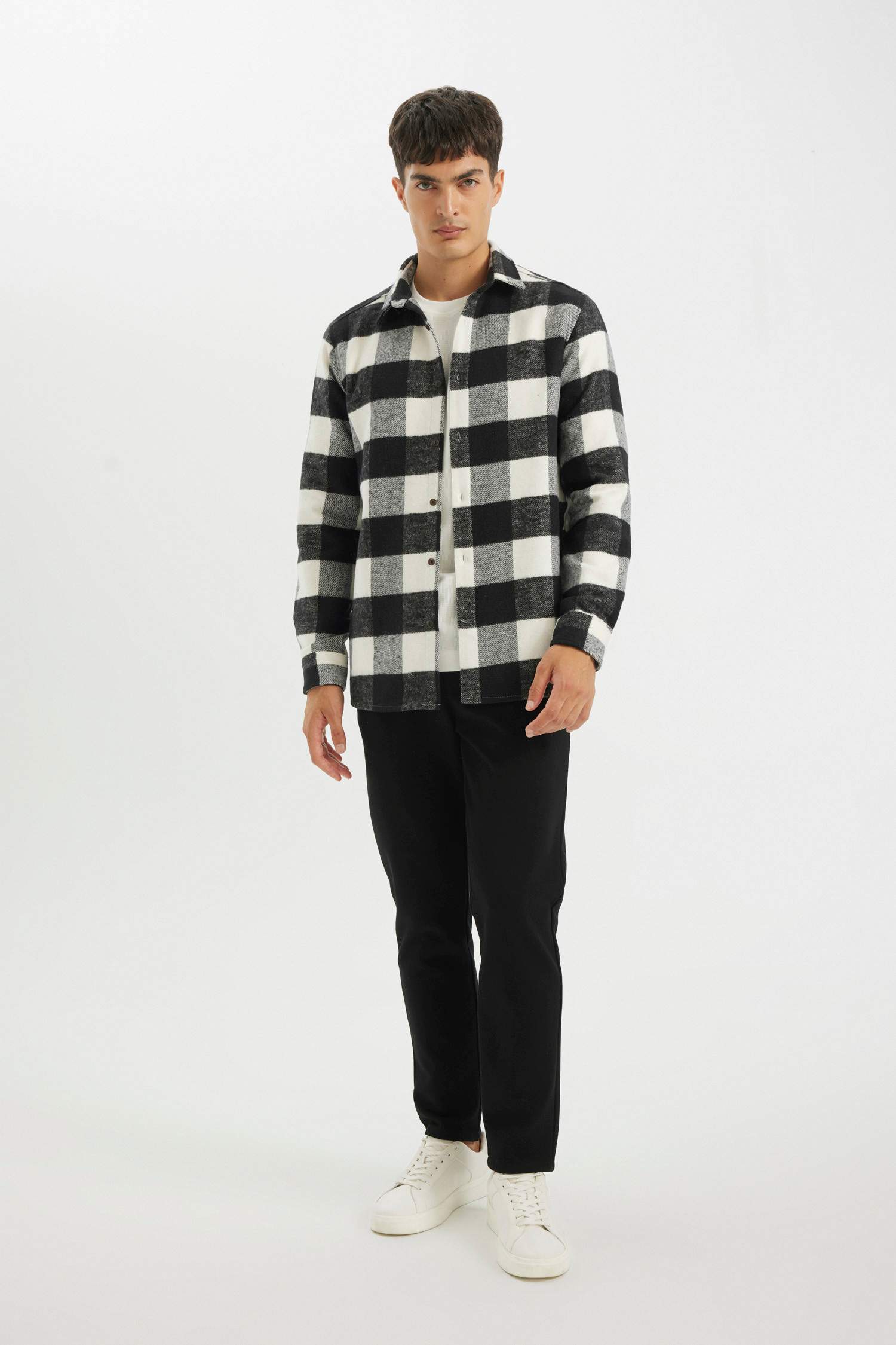 Regular Fit Düğmeli Polo Yaka Dama Desenli Oduncu Flanel Uzun Kollu Gömlek