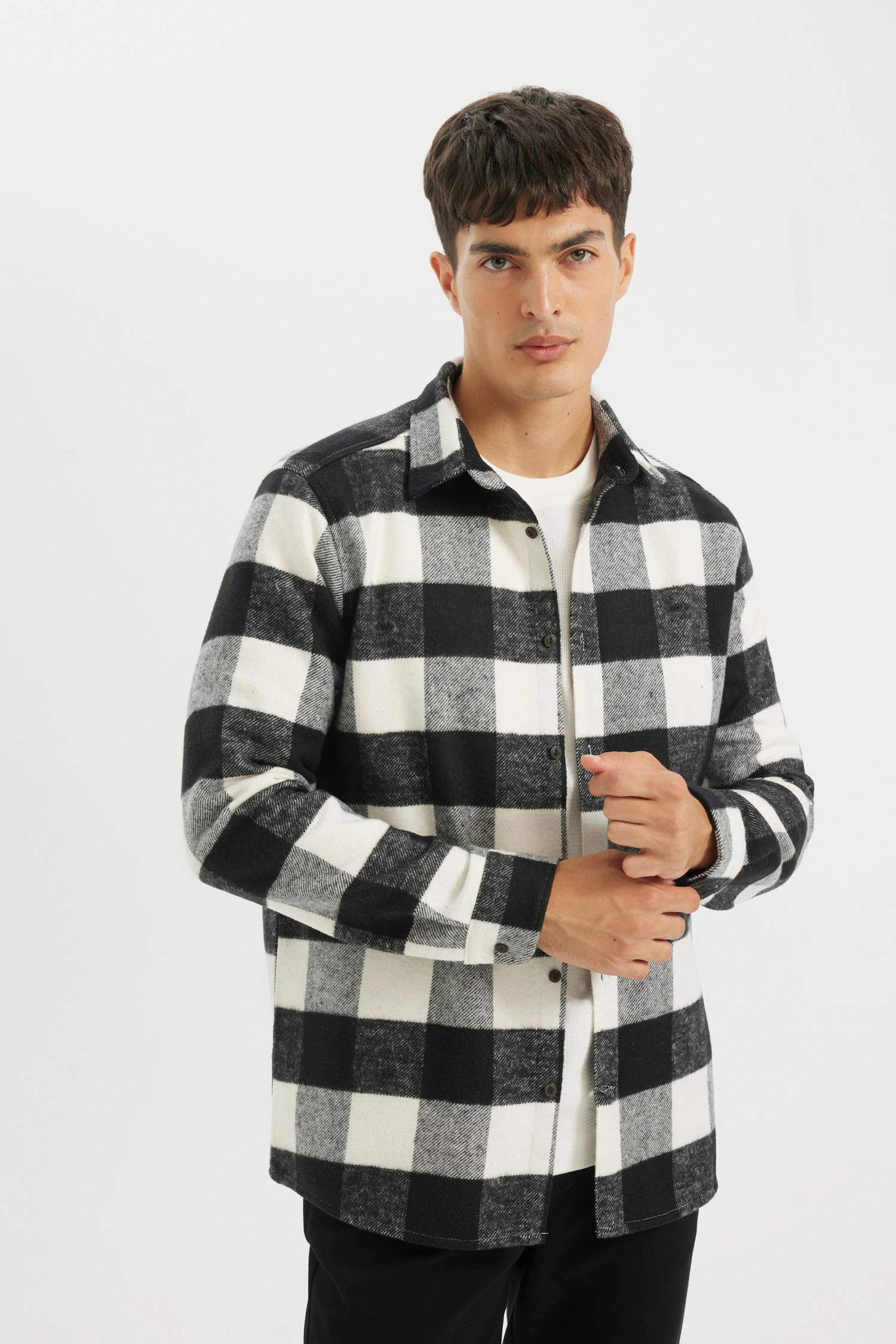 Regular Fit Düğmeli Polo Yaka Dama Desenli Oduncu Flanel Uzun Kollu Gömlek