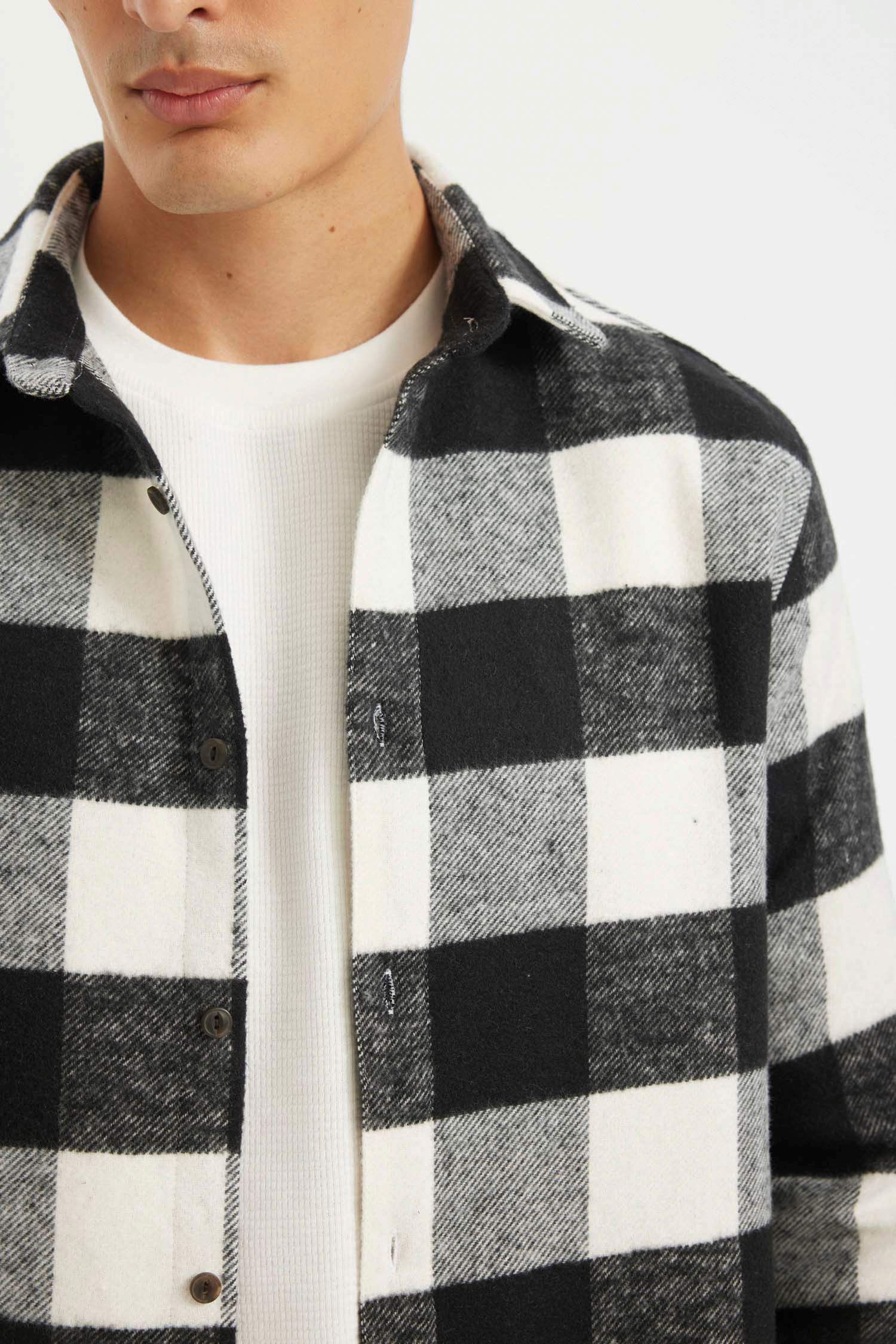 Regular Fit Düğmeli Polo Yaka Dama Desenli Oduncu Flanel Uzun Kollu Gömlek