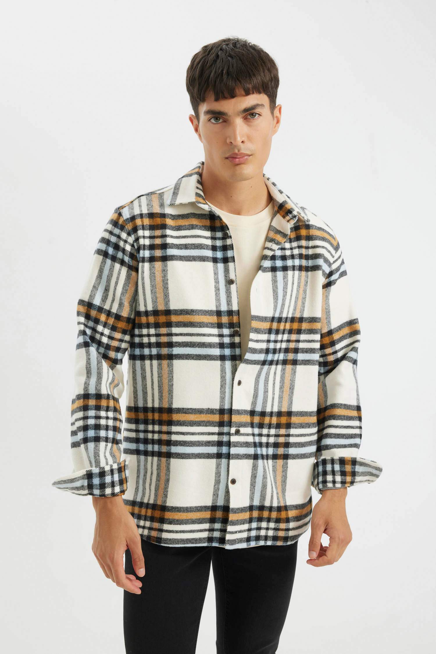 Regular Fit Düğmeli Polo Yaka Kareli Oduncu Flanel Uzun Kollu Gömlek