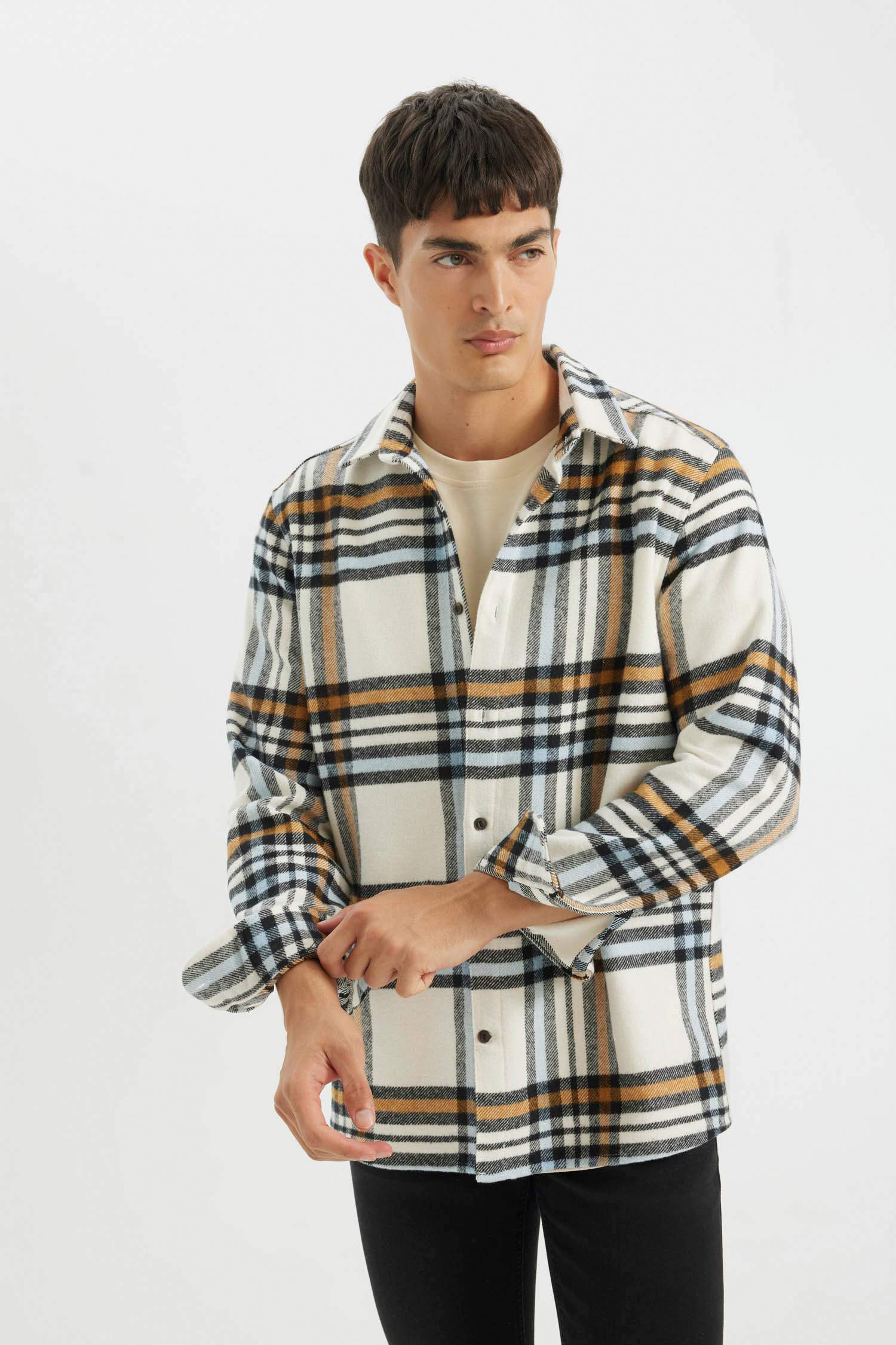 Regular Fit Düğmeli Polo Yaka Kareli Oduncu Flanel Uzun Kollu Gömlek