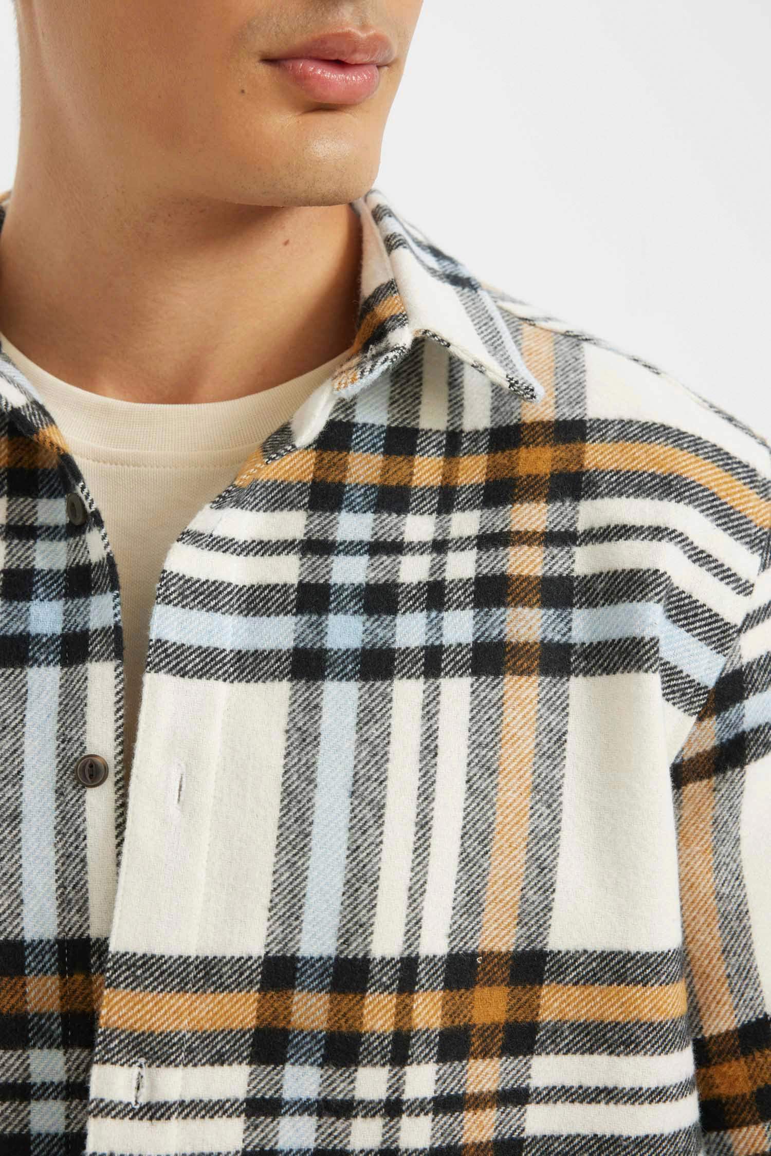 Regular Fit Düğmeli Polo Yaka Kareli Oduncu Flanel Uzun Kollu Gömlek