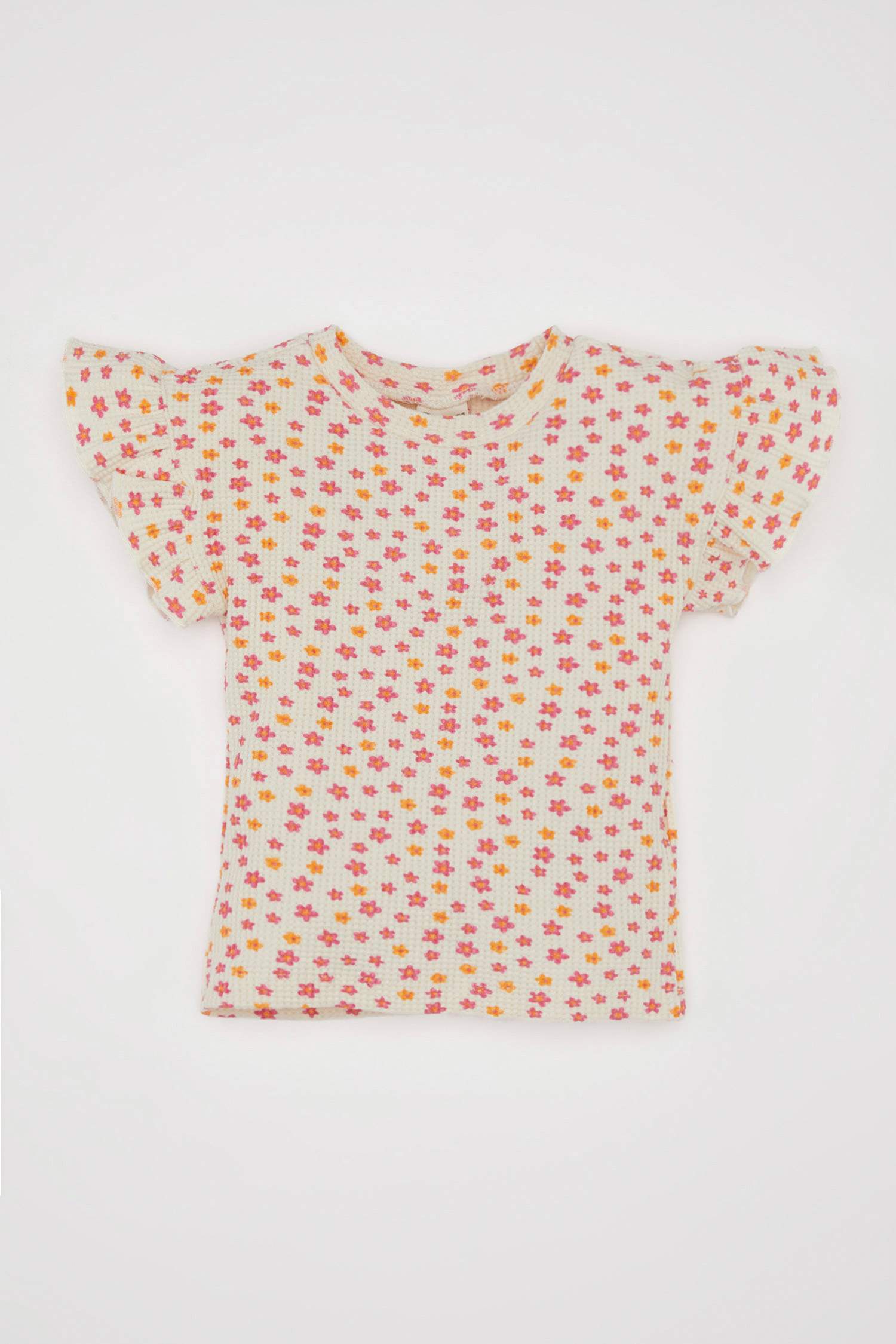Baby Girl Crew Neck Floral Waffle Short Sleeve T-Shirt
