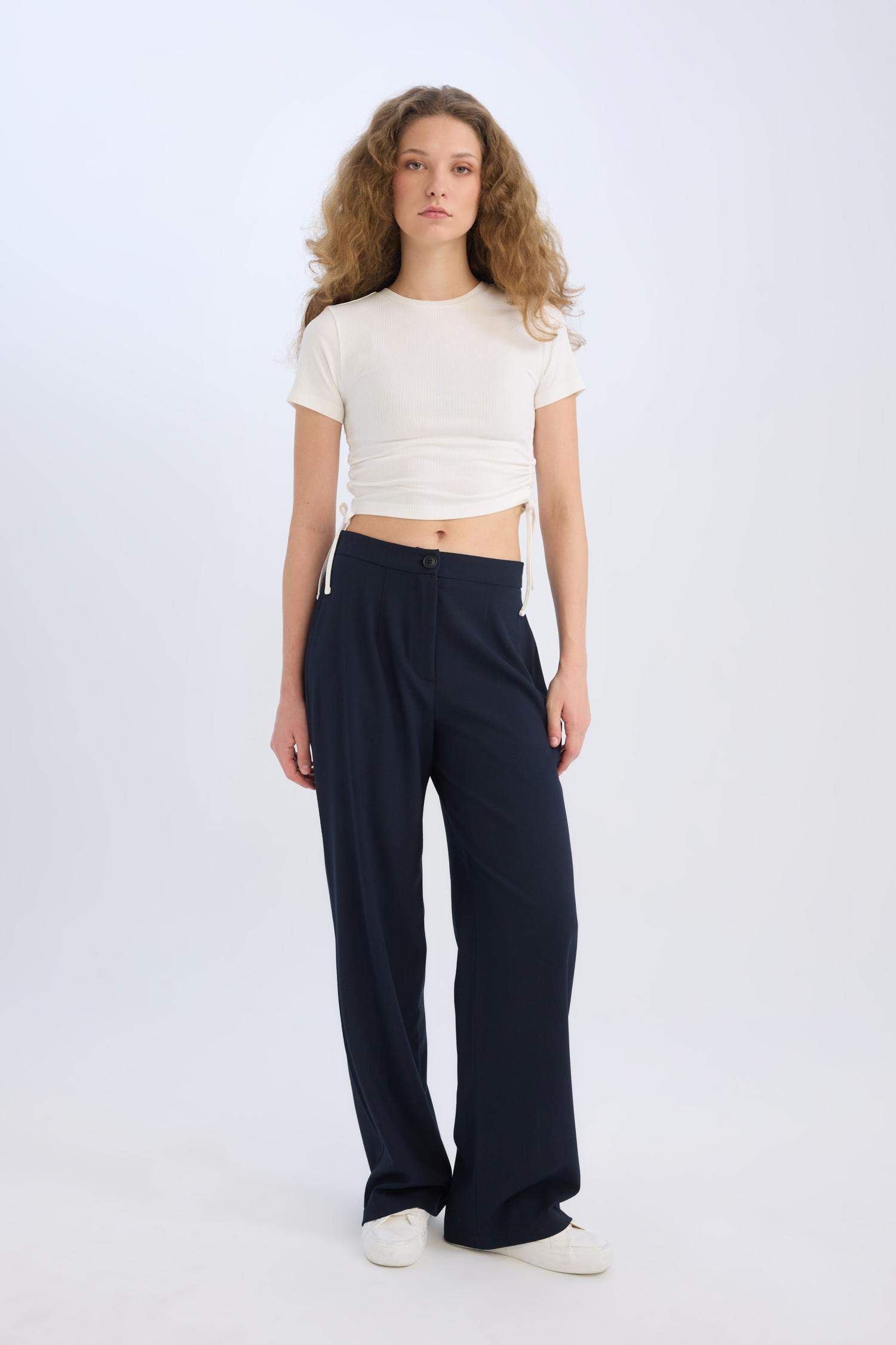 Wide Leg Kumaş Palazzo Pantolon Normal Bel Geniş Bol Paça Cepli Standart Boy