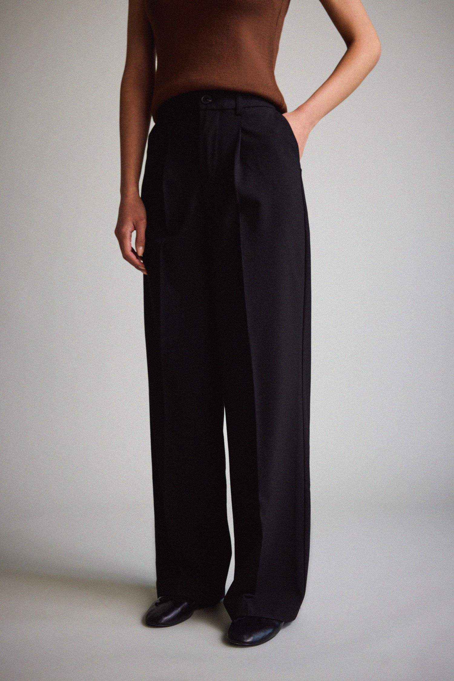 Wide Leg Klasik Kumaş Pantolon Basic Düz Geniş Bol Paça Çift Cepli Yüksek Bel Standart Boy