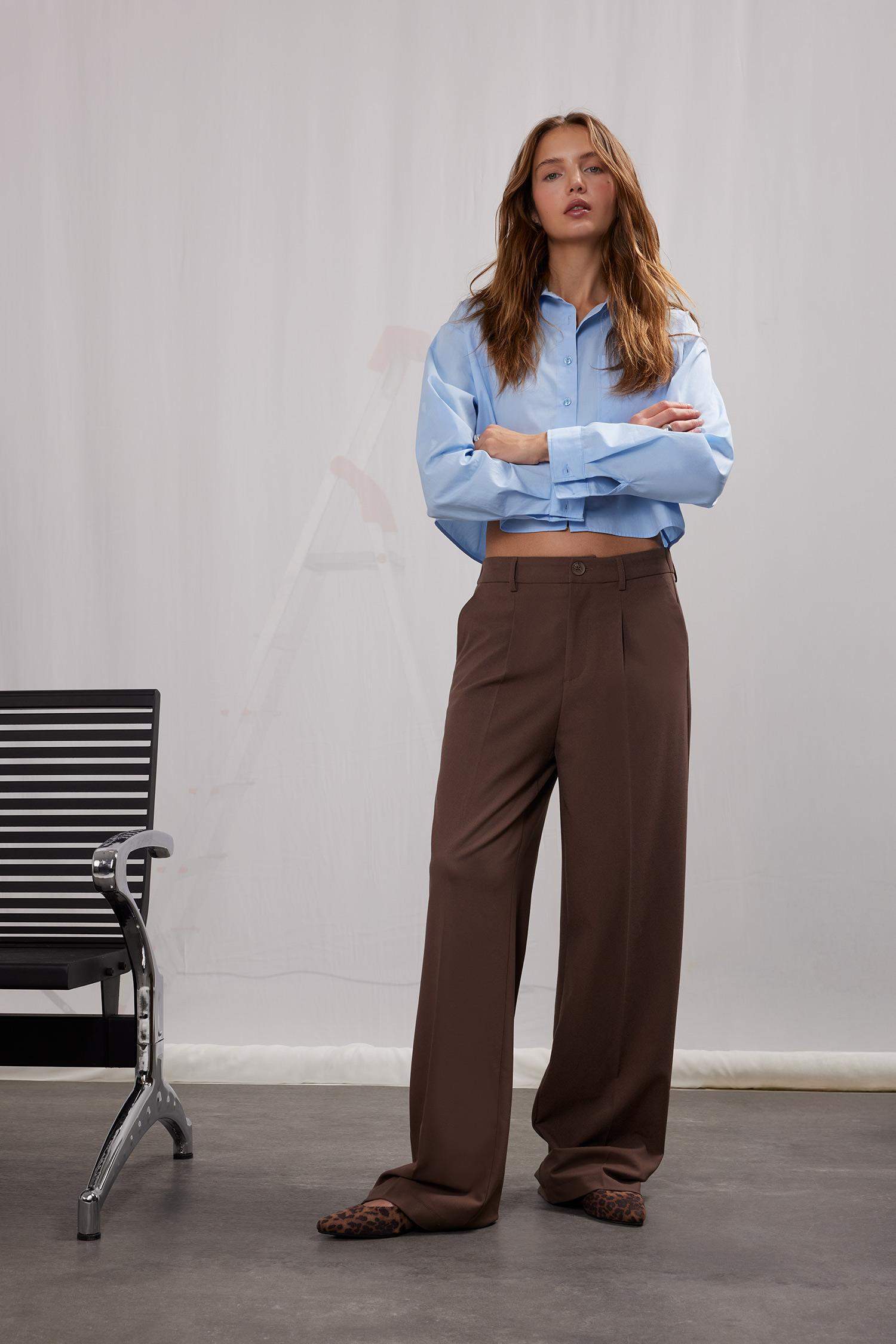 Klasik Kumaş Palazzo Pantolon Wide Leg Geniş Bol Paça Çift Cepli Yüksek Bel Standart Boy Basic Düz