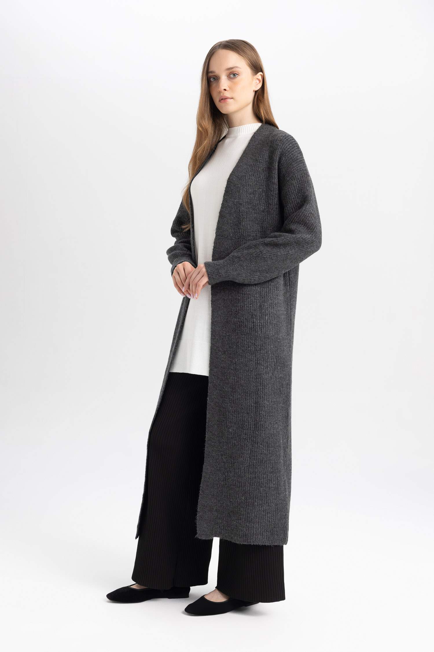 Regular Fit Basic Düz Uzun Triko Hırka