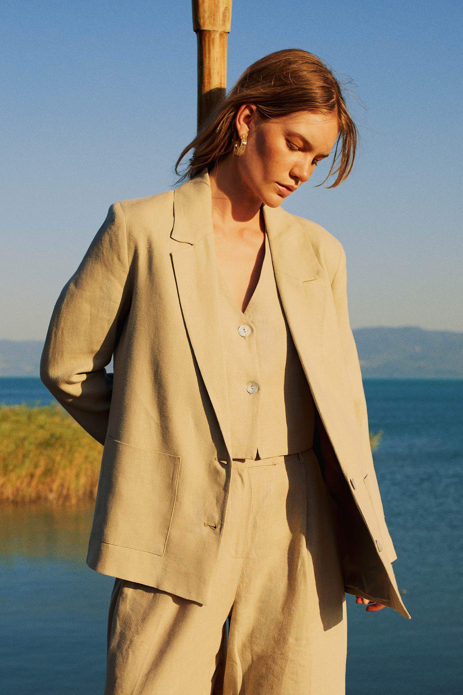 Beige Woman Manuka x DeFacto Linen Blazer Jacket 3152786 | DeFacto