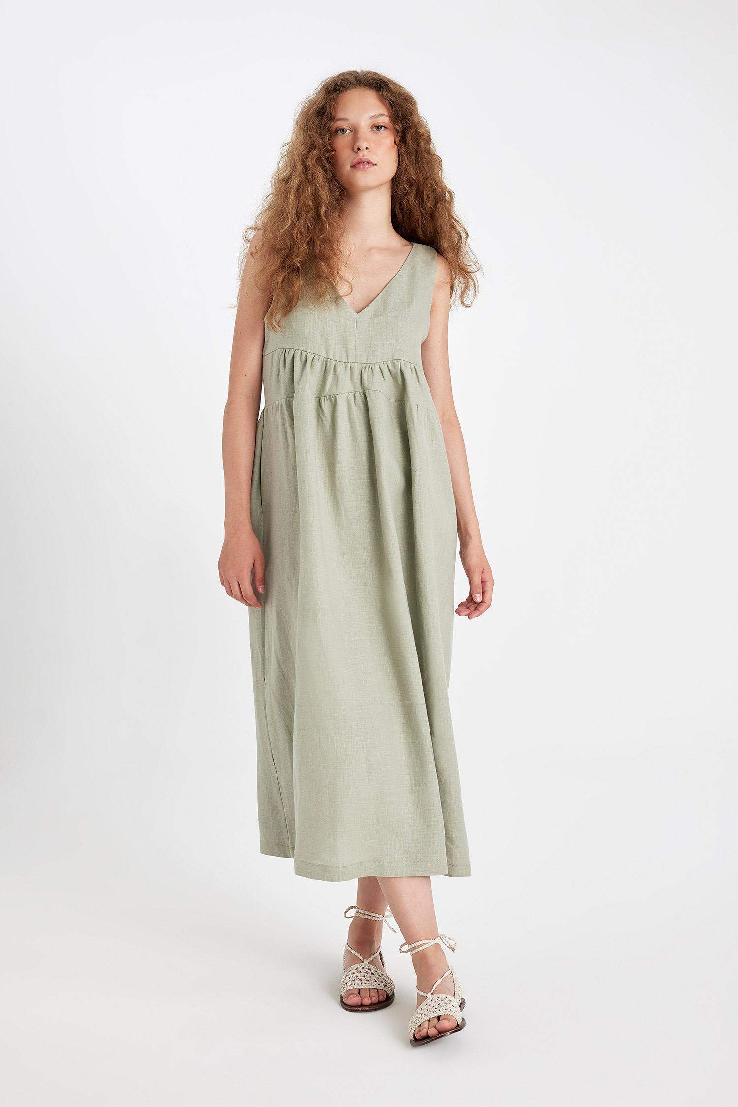 Manuka x DeFacto %100 Keten V Yaka Kolsuz Midi Elbise