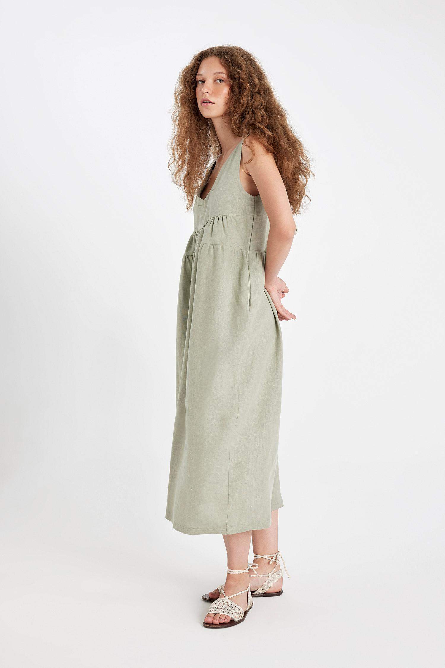 Manuka x DeFacto %100 Keten V Yaka Kolsuz Midi Elbise