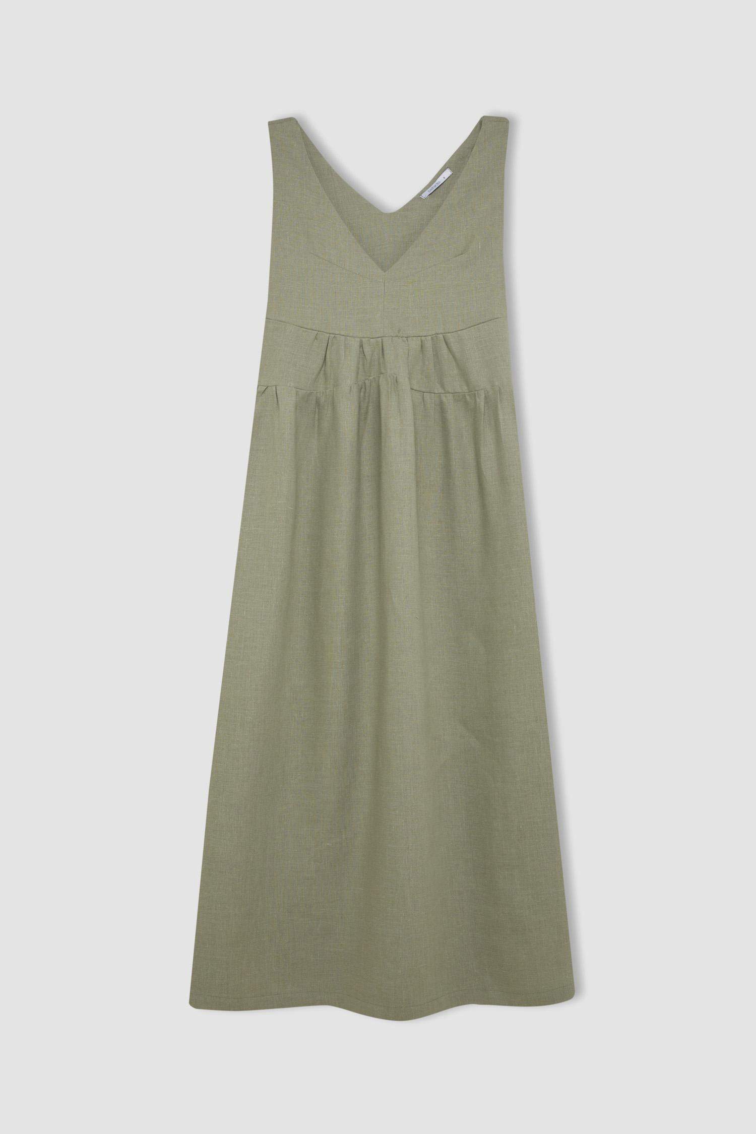 Manuka x DeFacto %100 Keten V Yaka Kolsuz Midi Elbise