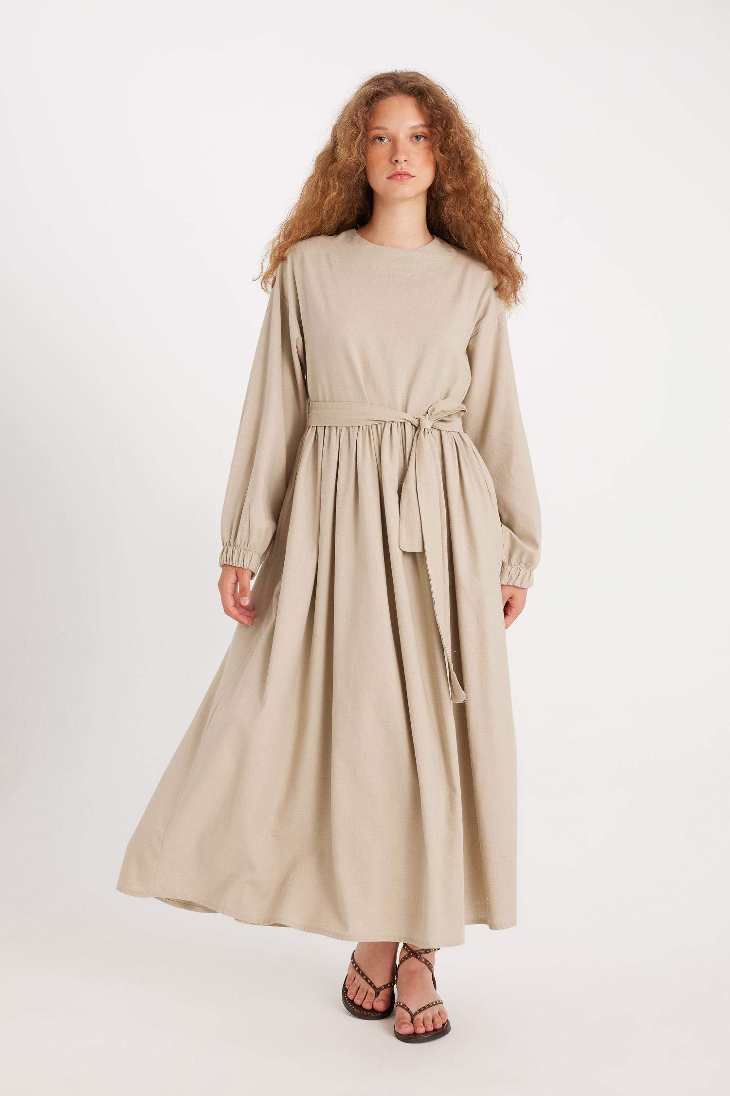 Manuka x DeFacto Bisiklet Yaka Keten Karışımlı Uzun Kollu Maxi Elbise