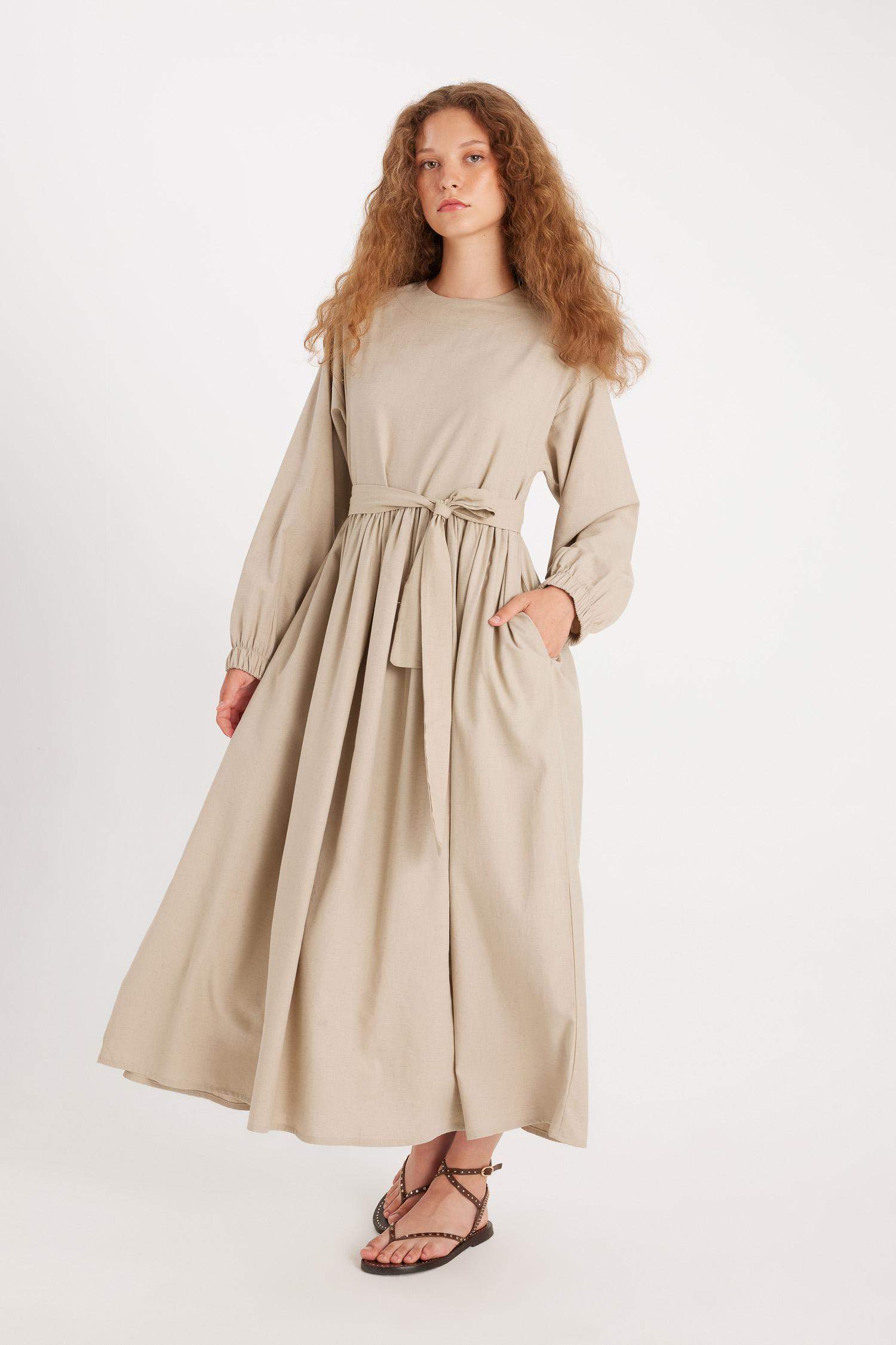 Manuka x DeFacto Bisiklet Yaka Keten Karışımlı Uzun Kollu Maxi Elbise