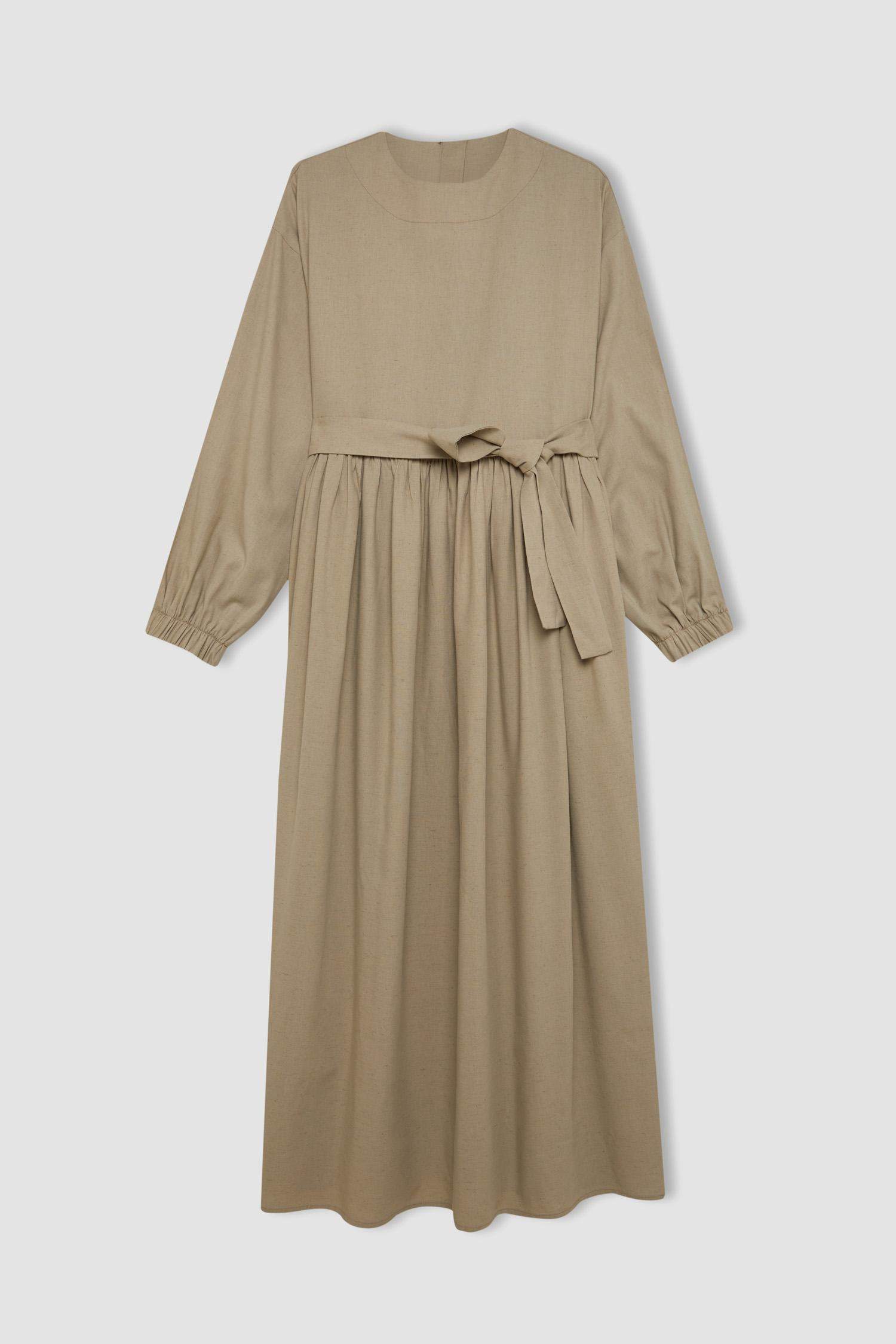 Manuka x DeFacto Bisiklet Yaka Keten Karışımlı Uzun Kollu Maxi Elbise