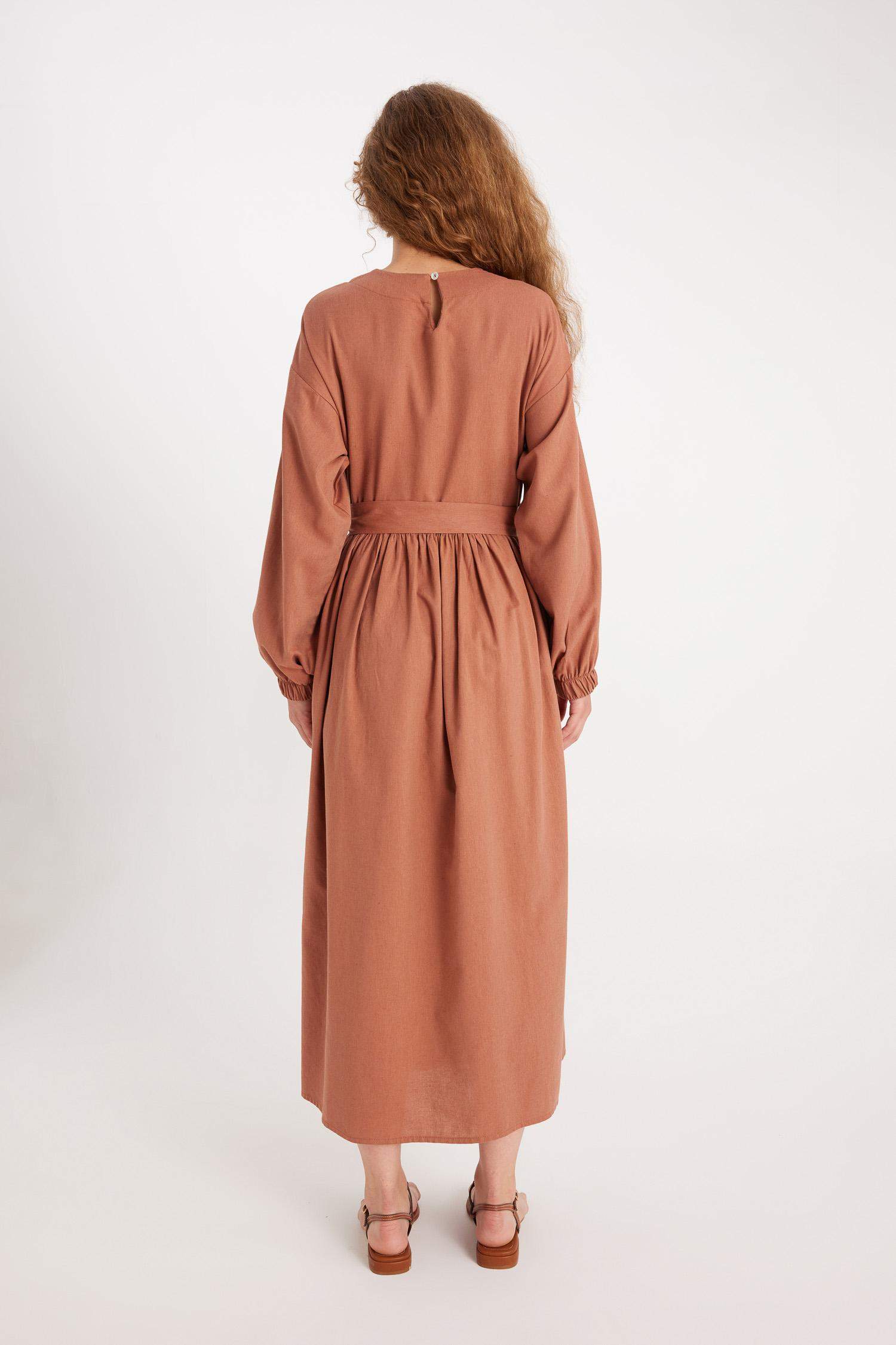 Manuka x DeFacto Bisiklet Yaka Keten Karışımlı Uzun Kollu Maxi Elbise