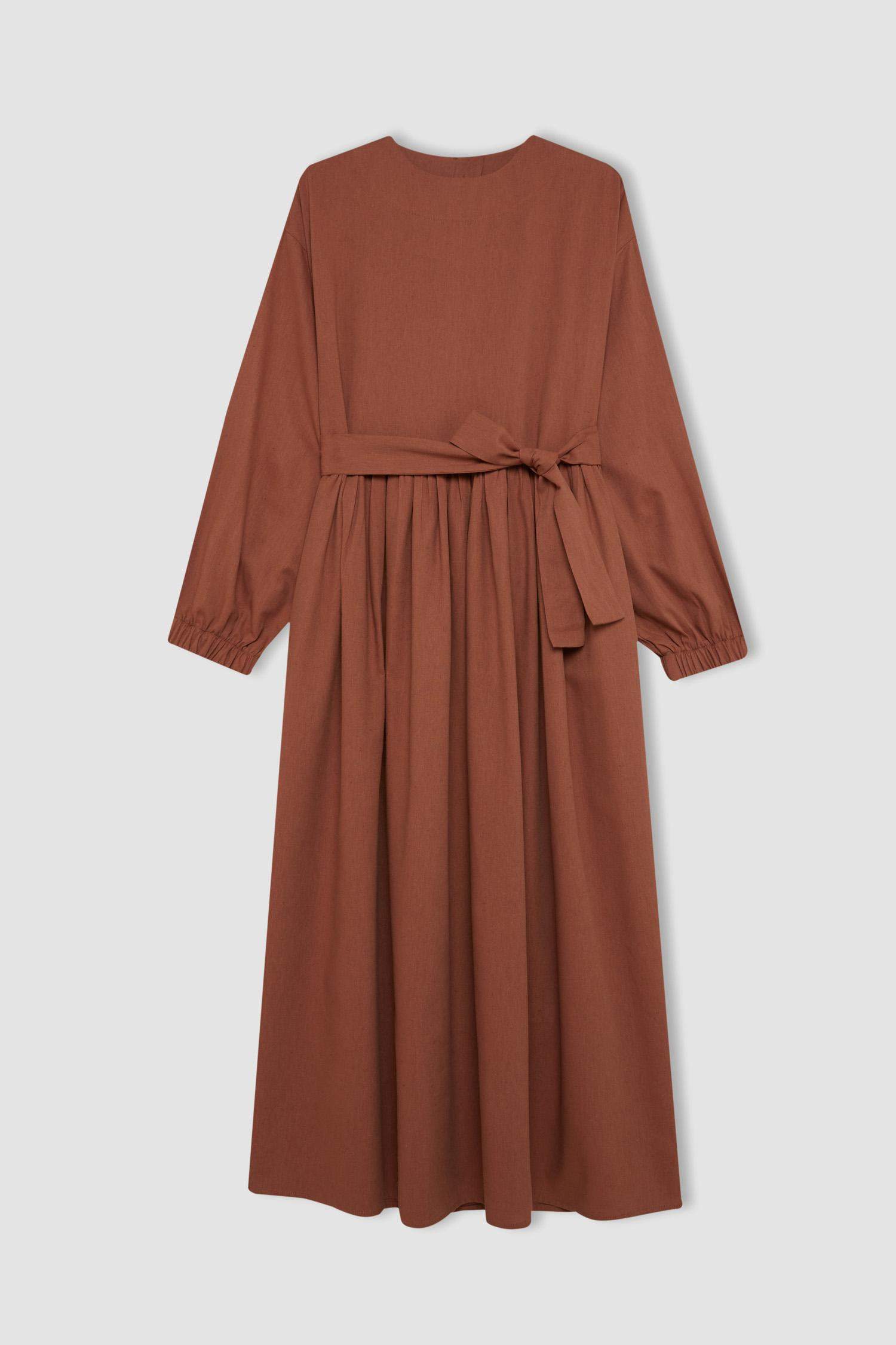 Manuka x DeFacto Bisiklet Yaka Keten Karışımlı Uzun Kollu Maxi Elbise