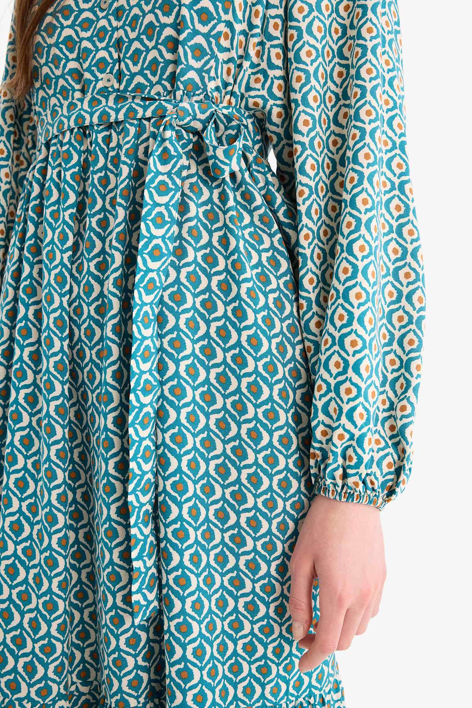 Patterned Belted Long Sleeve Maxi Modest Dress