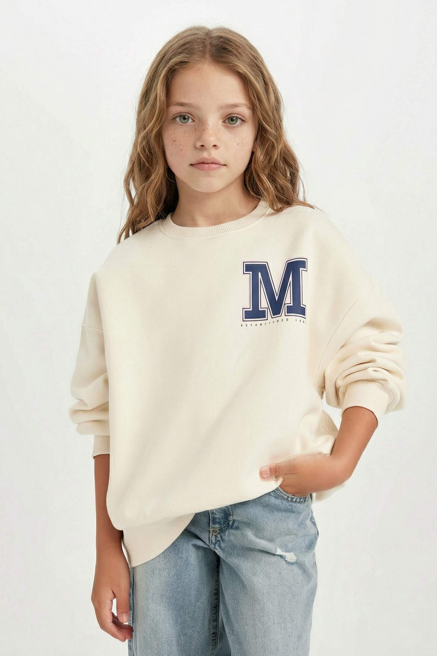 Girl Oversize Fit Crew Neck University Printed Sweatshirt