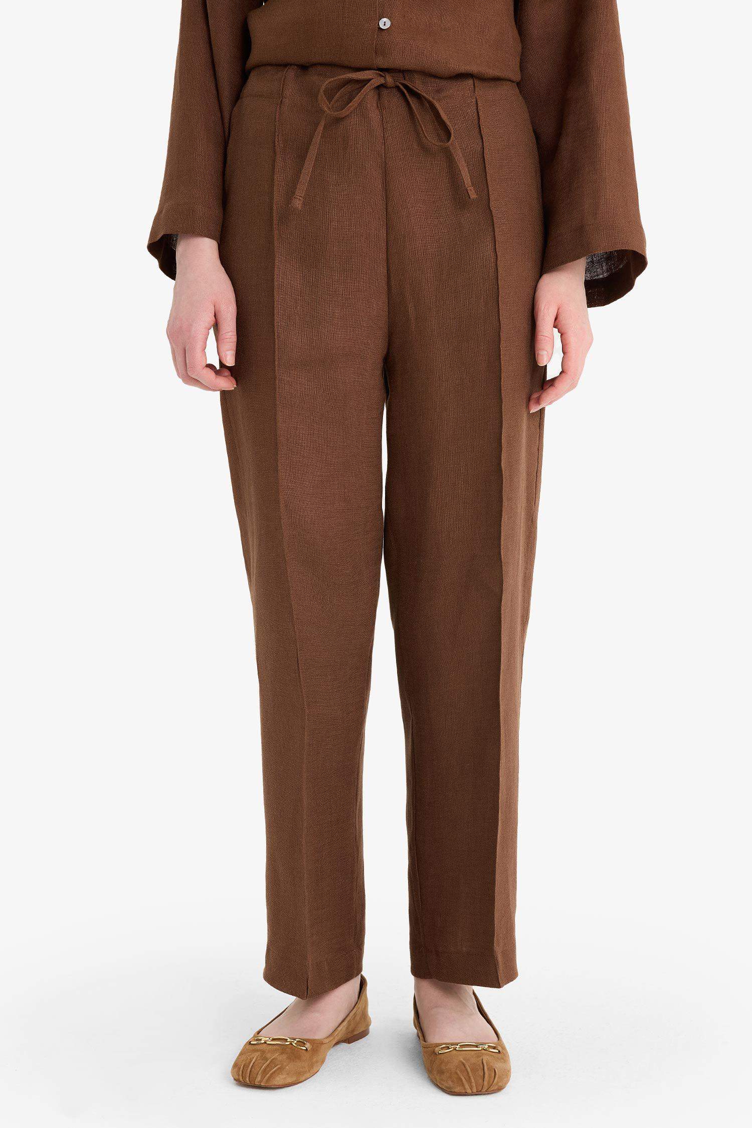 بنطرون كتان قصة مستقيمة بجيب وخصر مطاطي