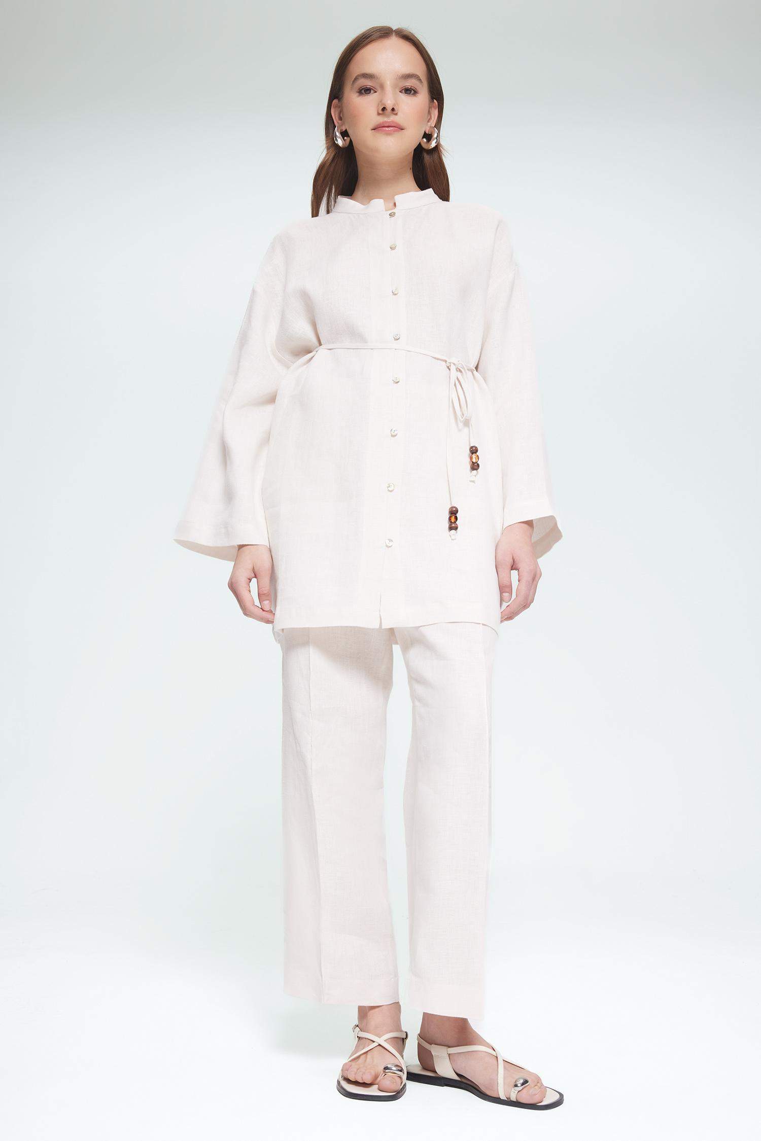 %100 Keten Straight Fit Beli Lastikli Cepli Pantolon