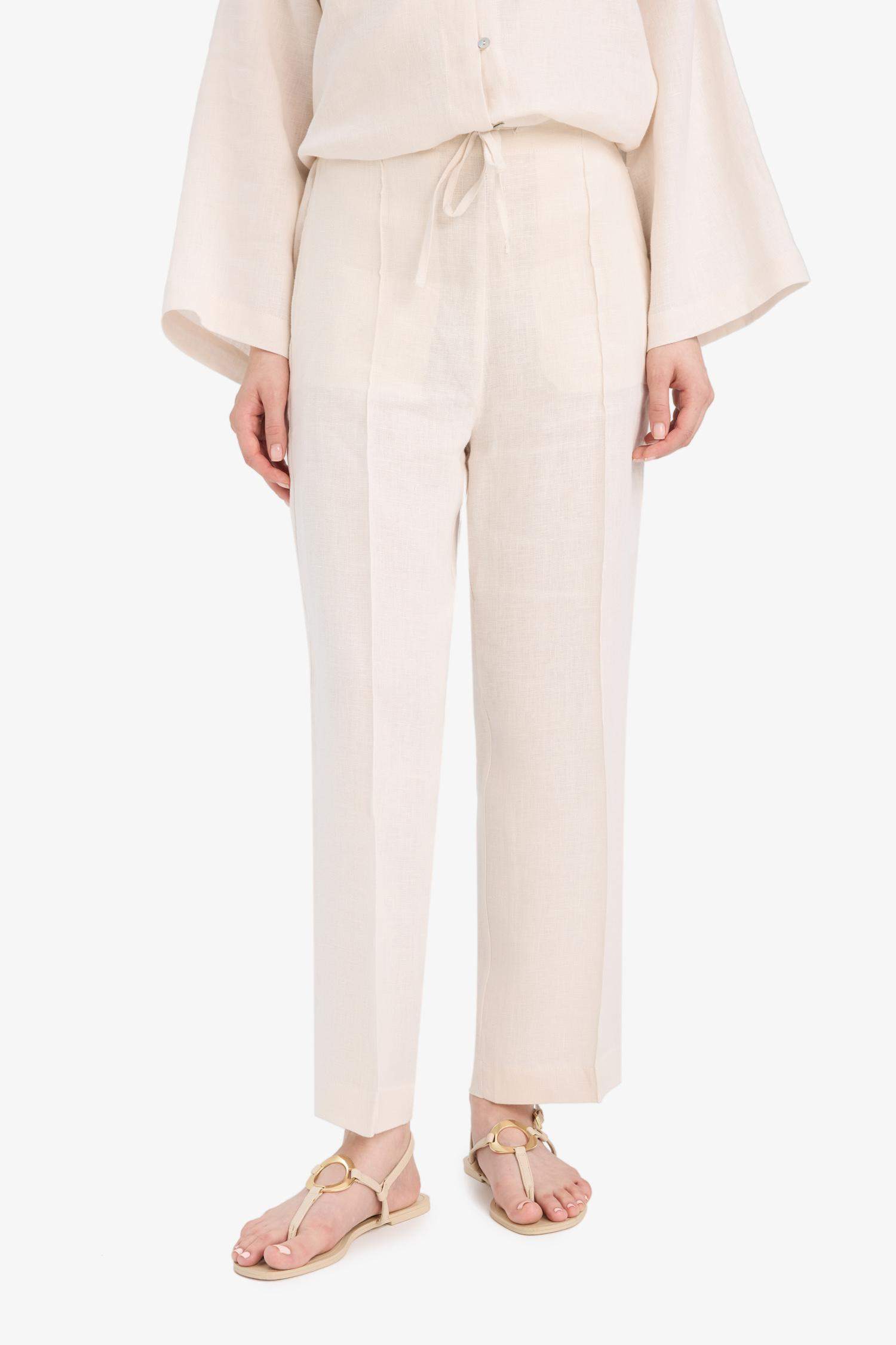 %100 Keten Straight Fit Beli Lastikli Cepli Pantolon