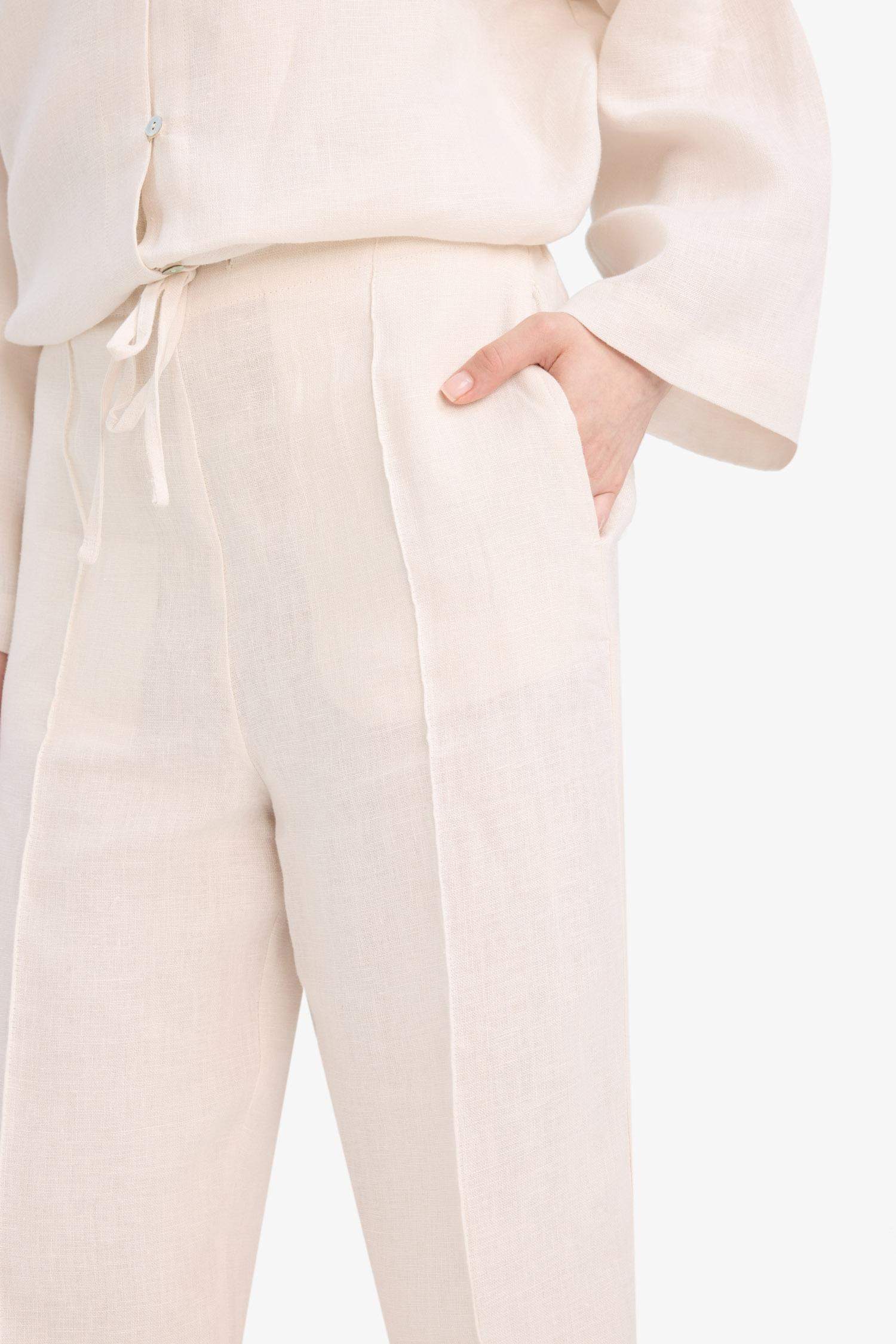 %100 Keten Straight Fit Beli Lastikli Cepli Pantolon