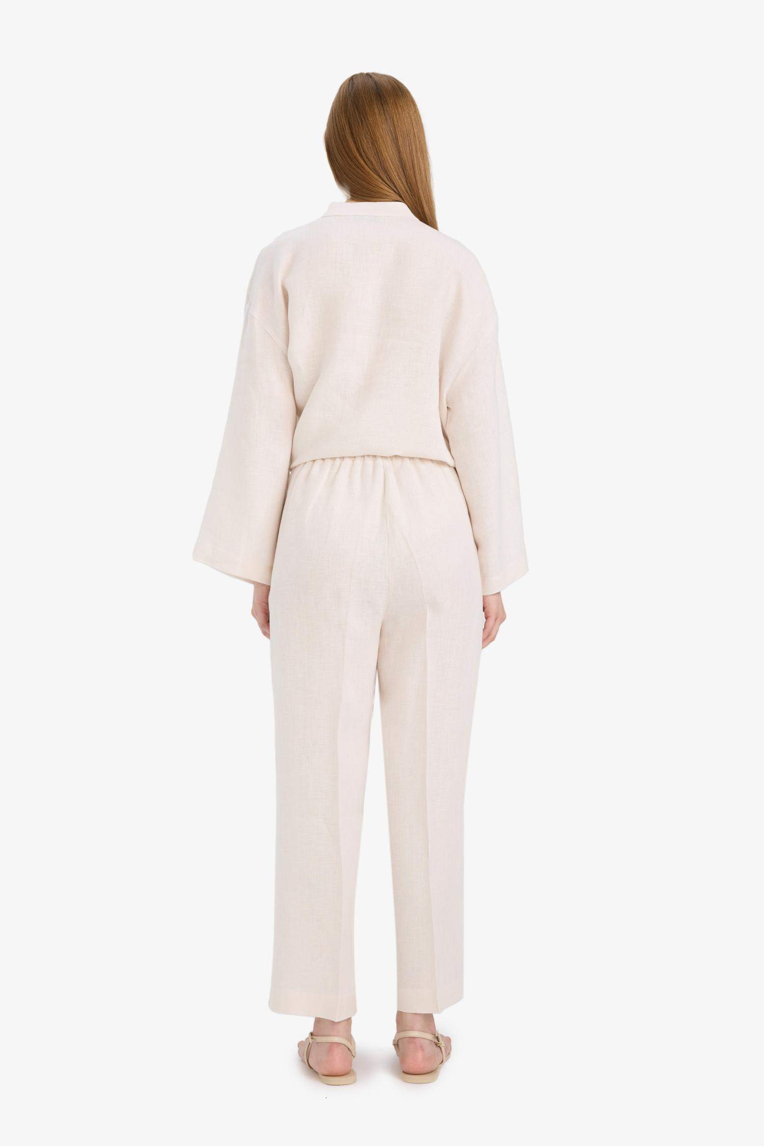 %100 Keten Straight Fit Beli Lastikli Cepli Pantolon