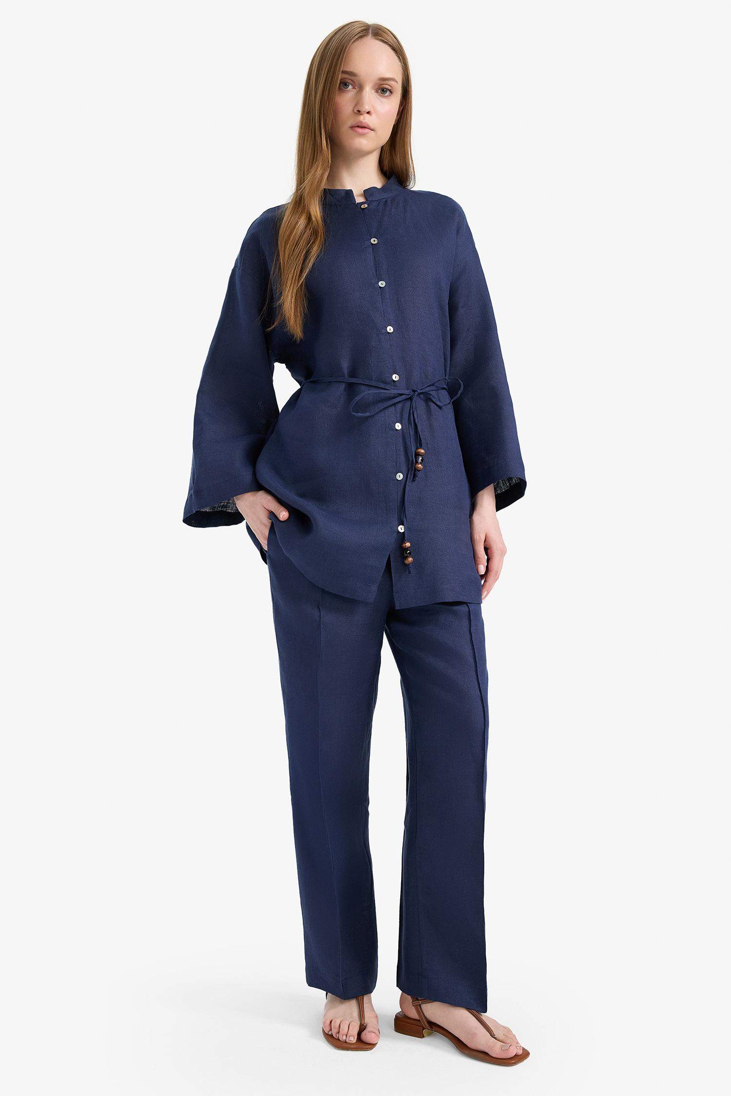 %100 Keten Straight Fit Beli Lastikli Cepli Pantolon