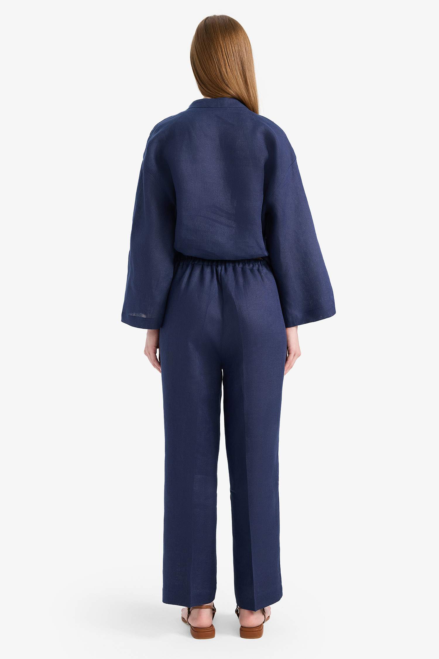 %100 Keten Straight Fit Beli Lastikli Cepli Pantolon