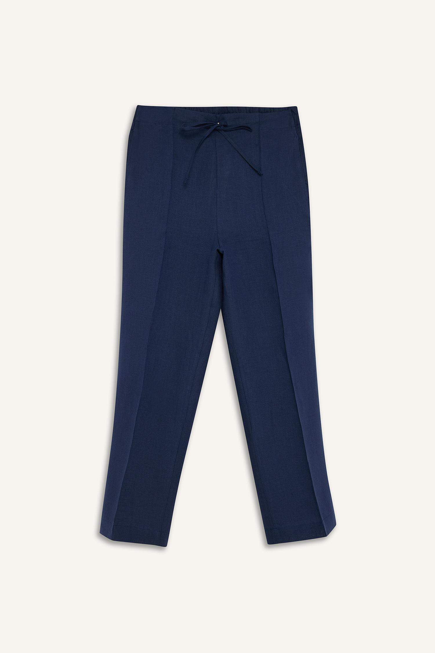 %100 Keten Straight Fit Beli Lastikli Cepli Pantolon