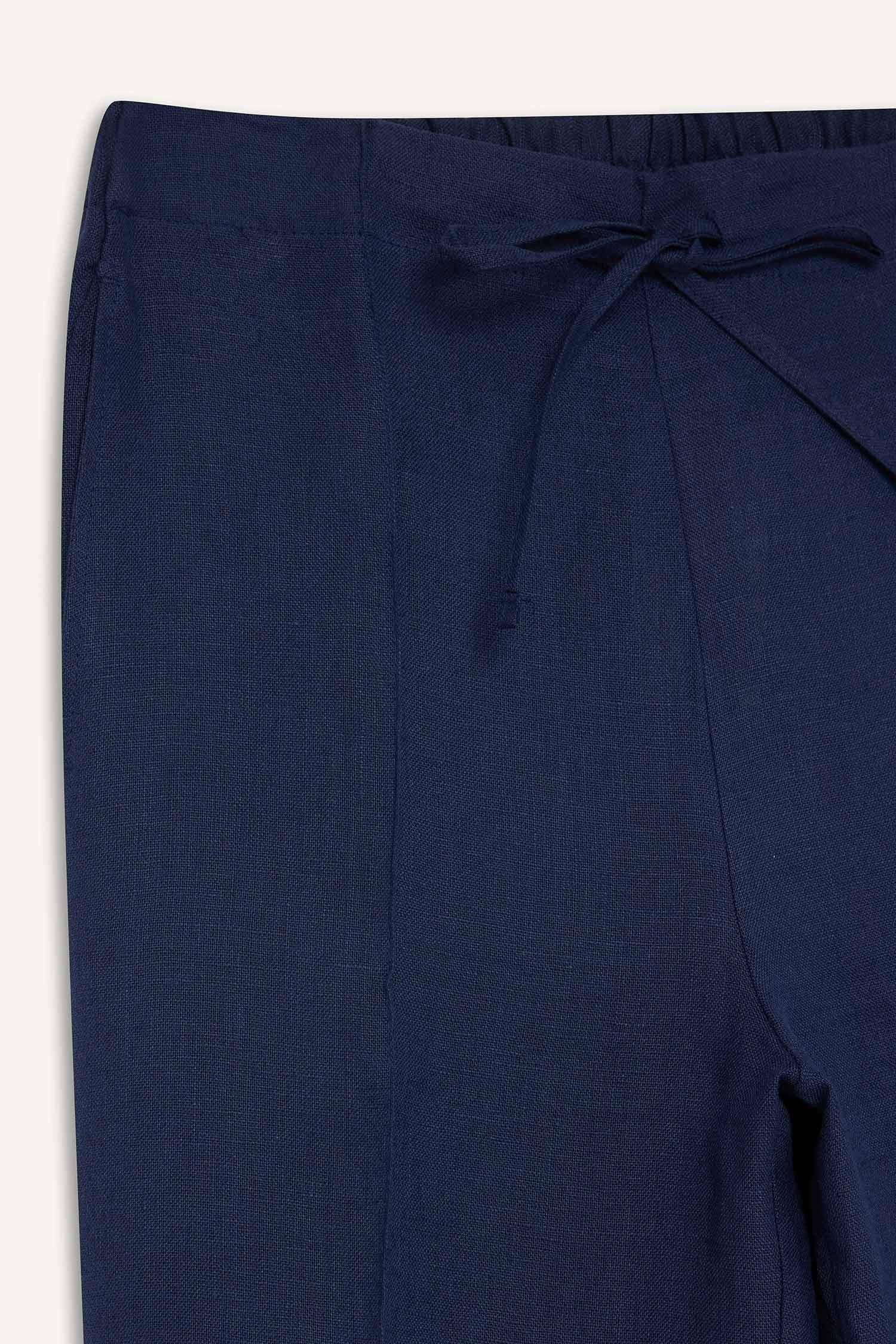 %100 Keten Straight Fit Beli Lastikli Cepli Pantolon