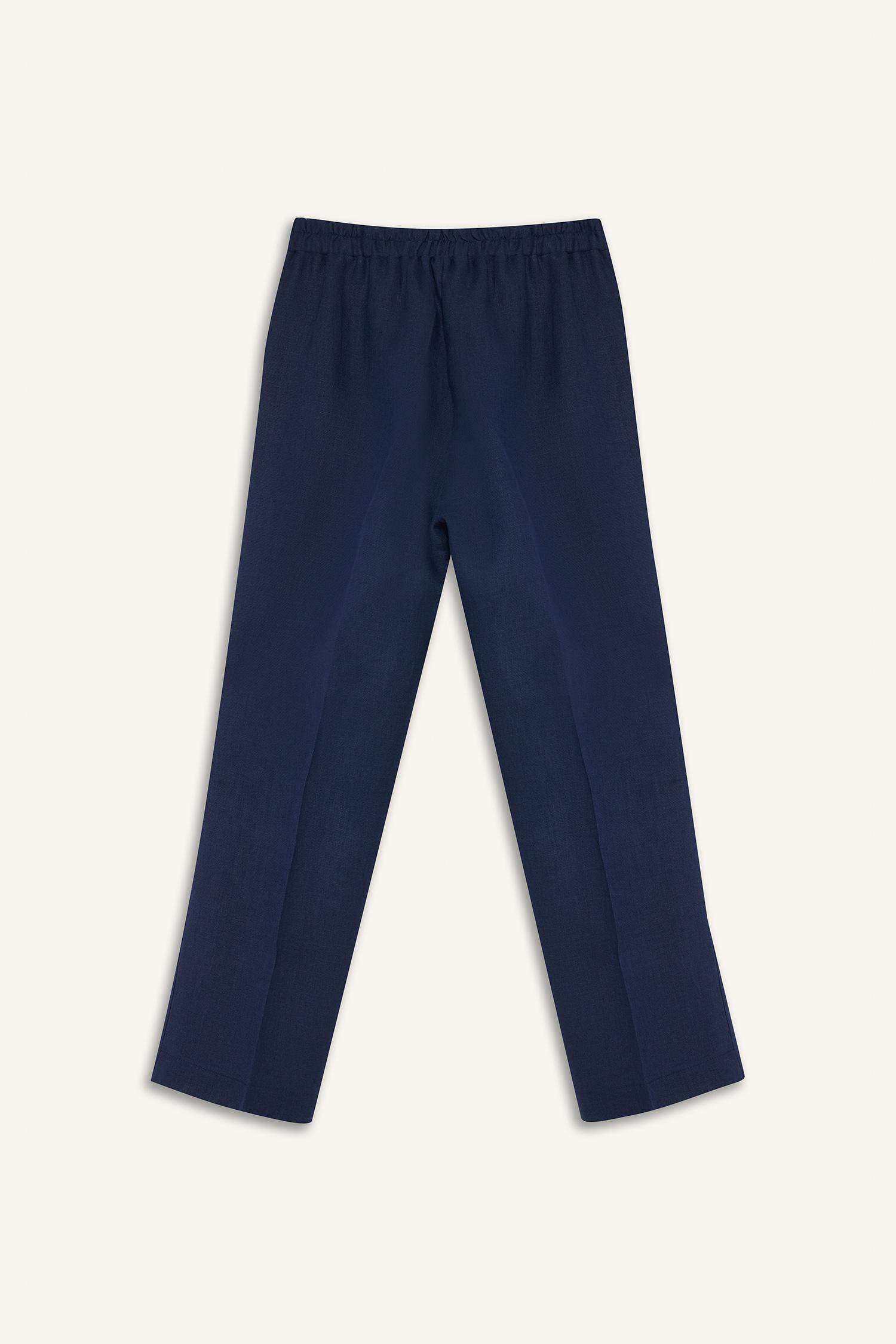 %100 Keten Straight Fit Beli Lastikli Cepli Pantolon