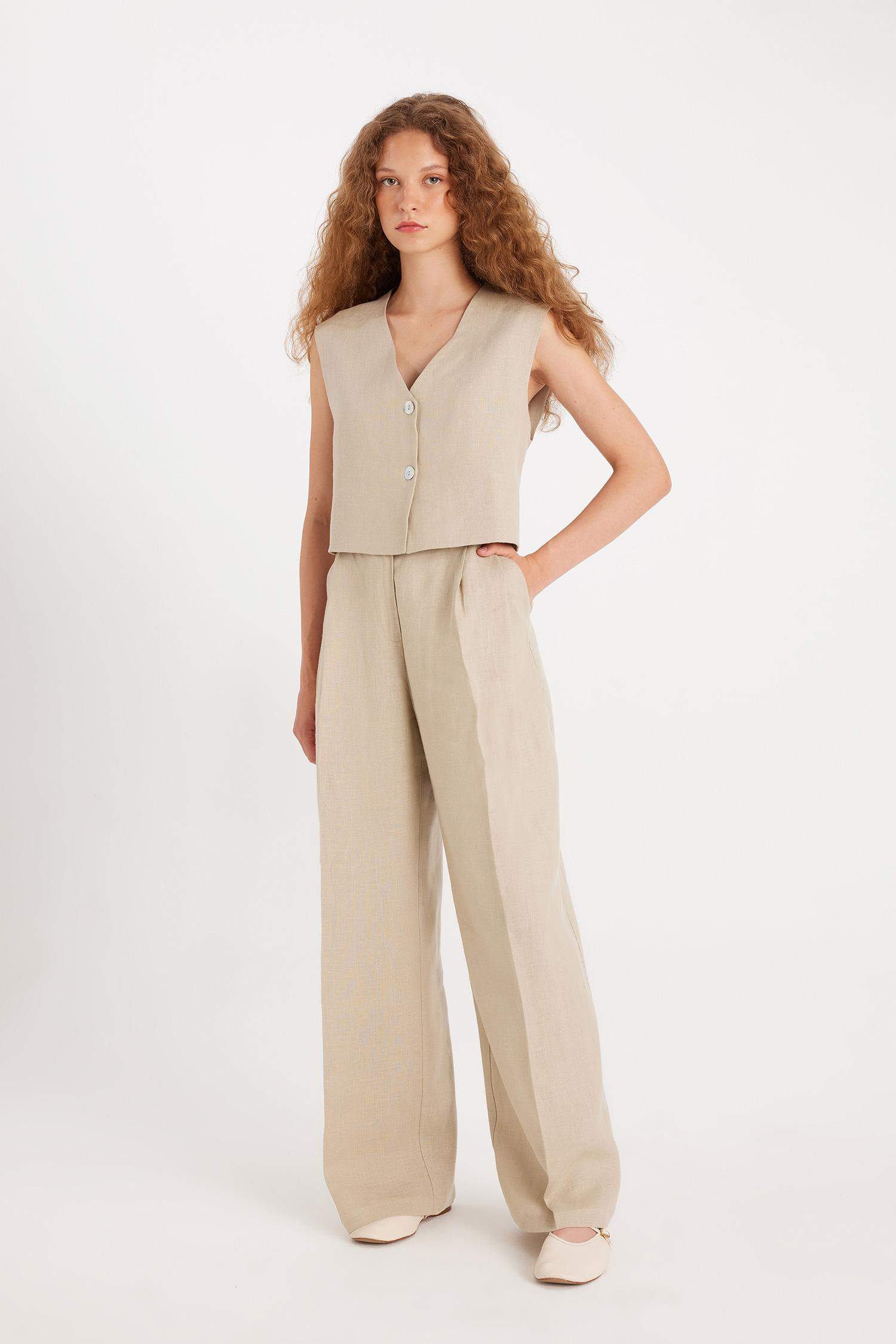 Manuka x DeFacto Straight Fit Basic Düz Keten Palazzo Pantolon