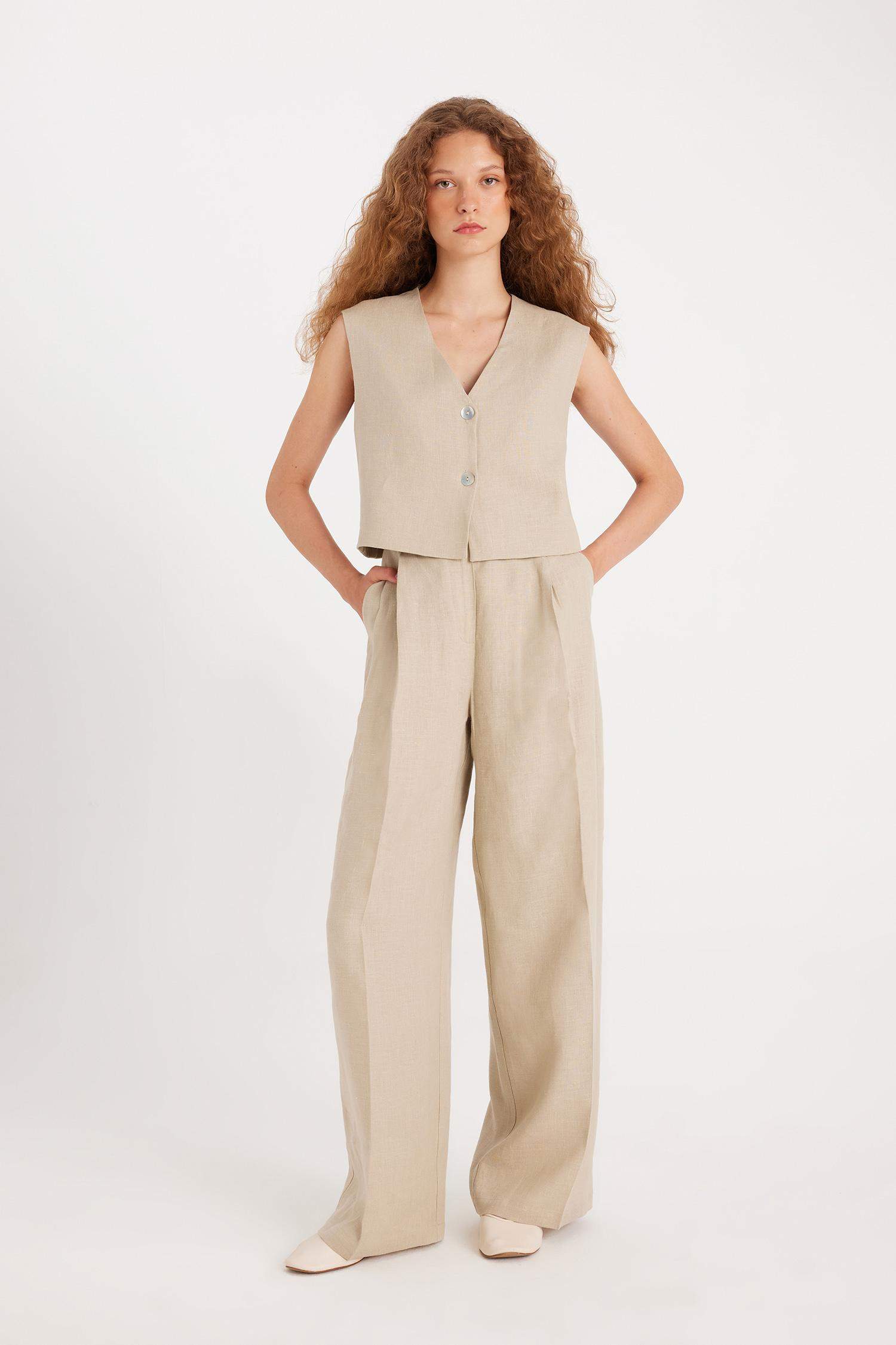 Manuka x DeFacto Straight Fit Basic Düz Keten Palazzo Pantolon