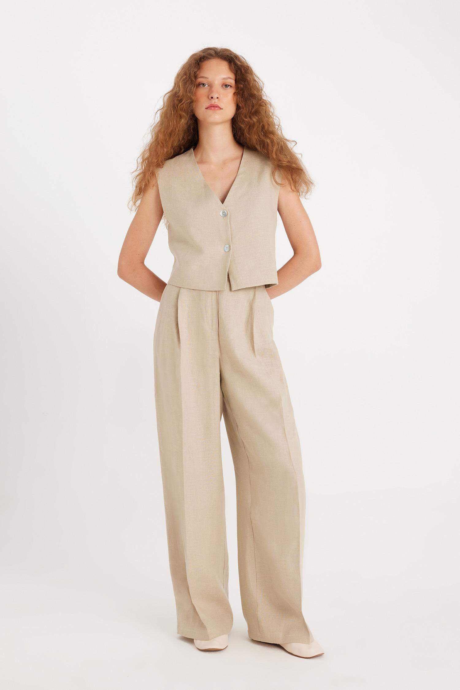 Manuka x DeFacto Straight Fit Basic Düz Keten Palazzo Pantolon