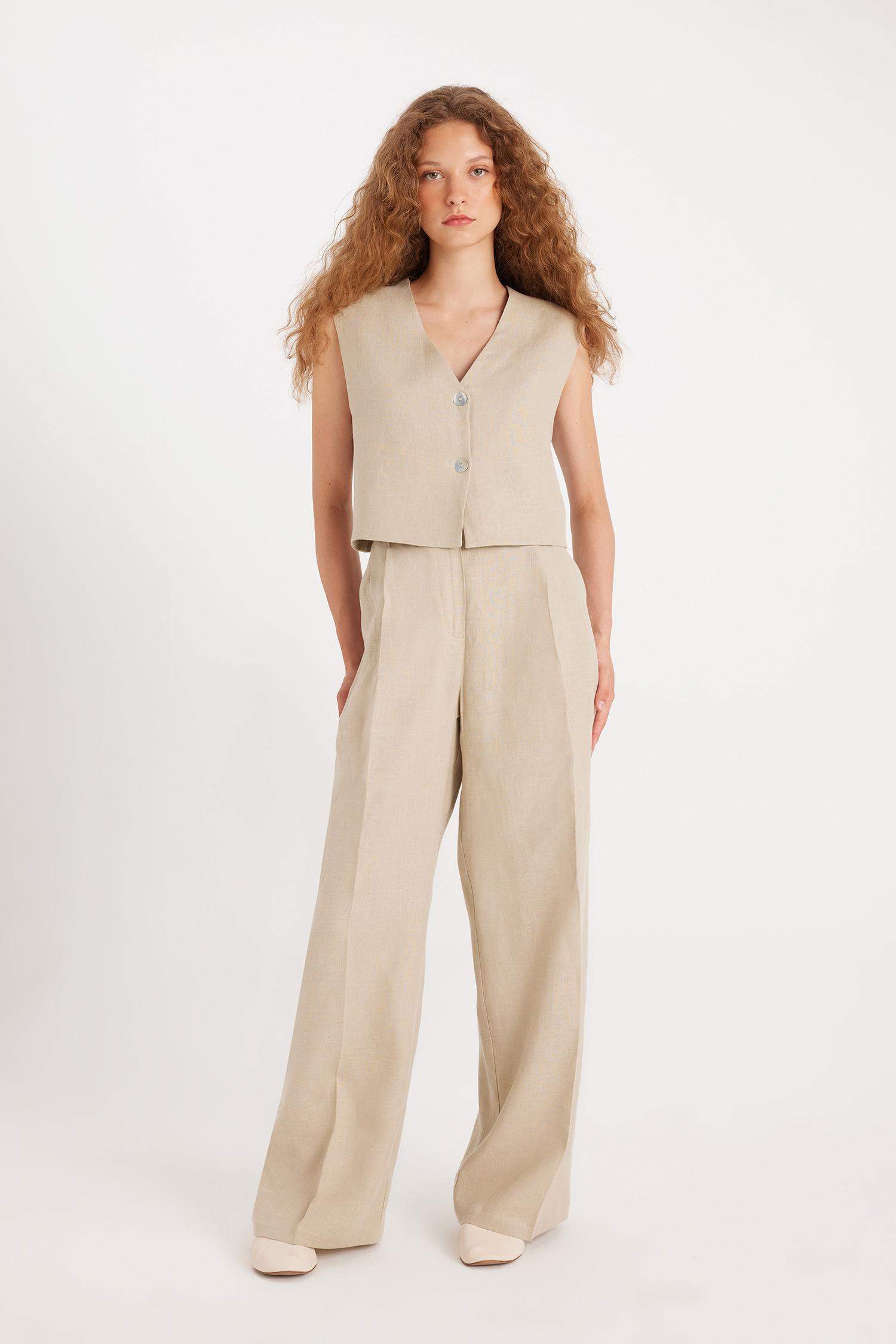 Manuka x DeFacto Straight Fit Basic Düz Keten Palazzo Pantolon