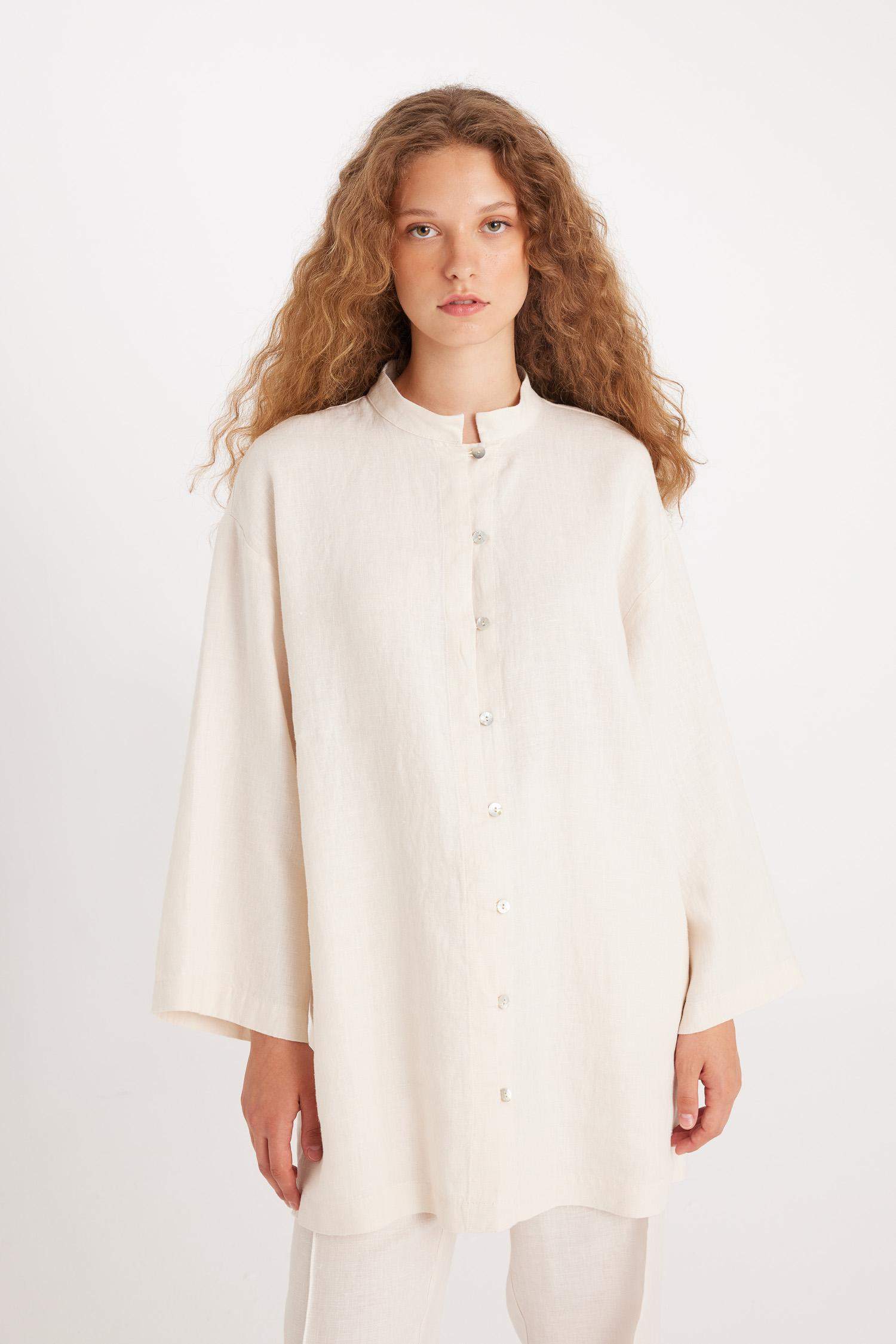 بلوزة طويلة كتان ردن طويل قصة عادية من Manuka x DeFactoFit