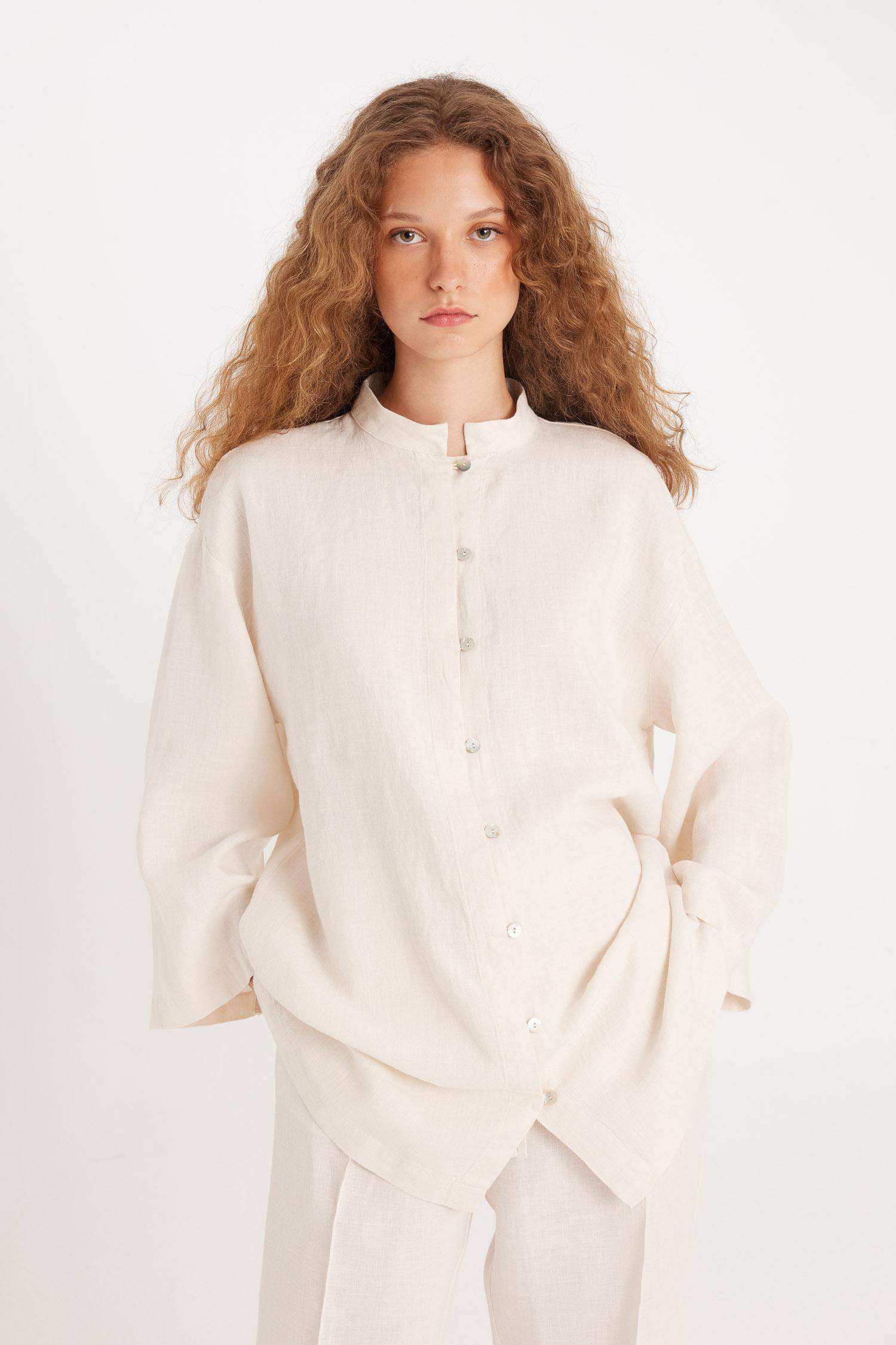 بلوزة طويلة كتان ردن طويل قصة عادية من Manuka x DeFactoFit