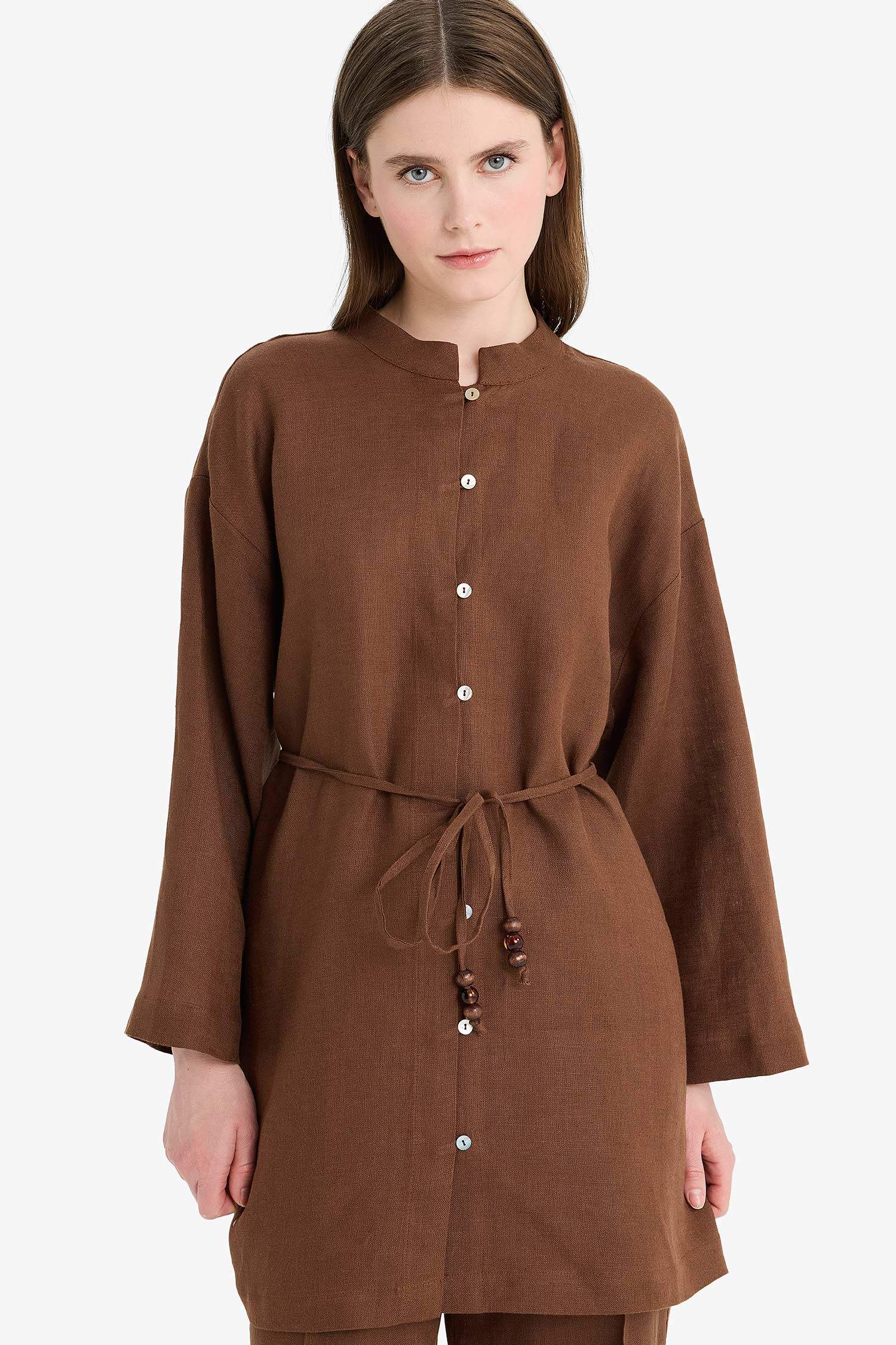 تونيك كتان محجبات قصة عادية كم طويل برباط