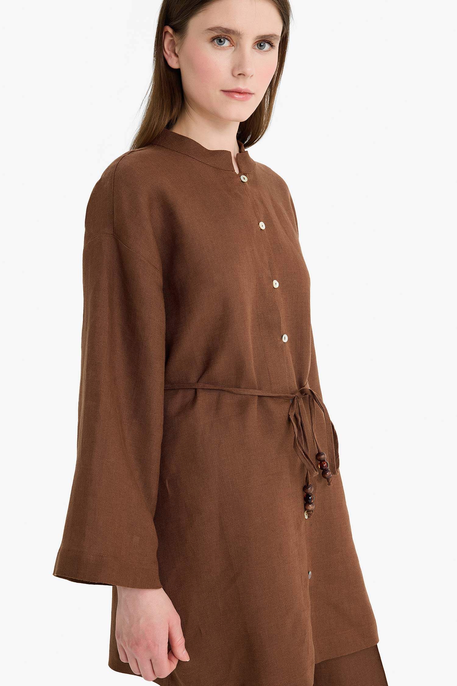 تونيك كتان محجبات قصة عادية كم طويل برباط